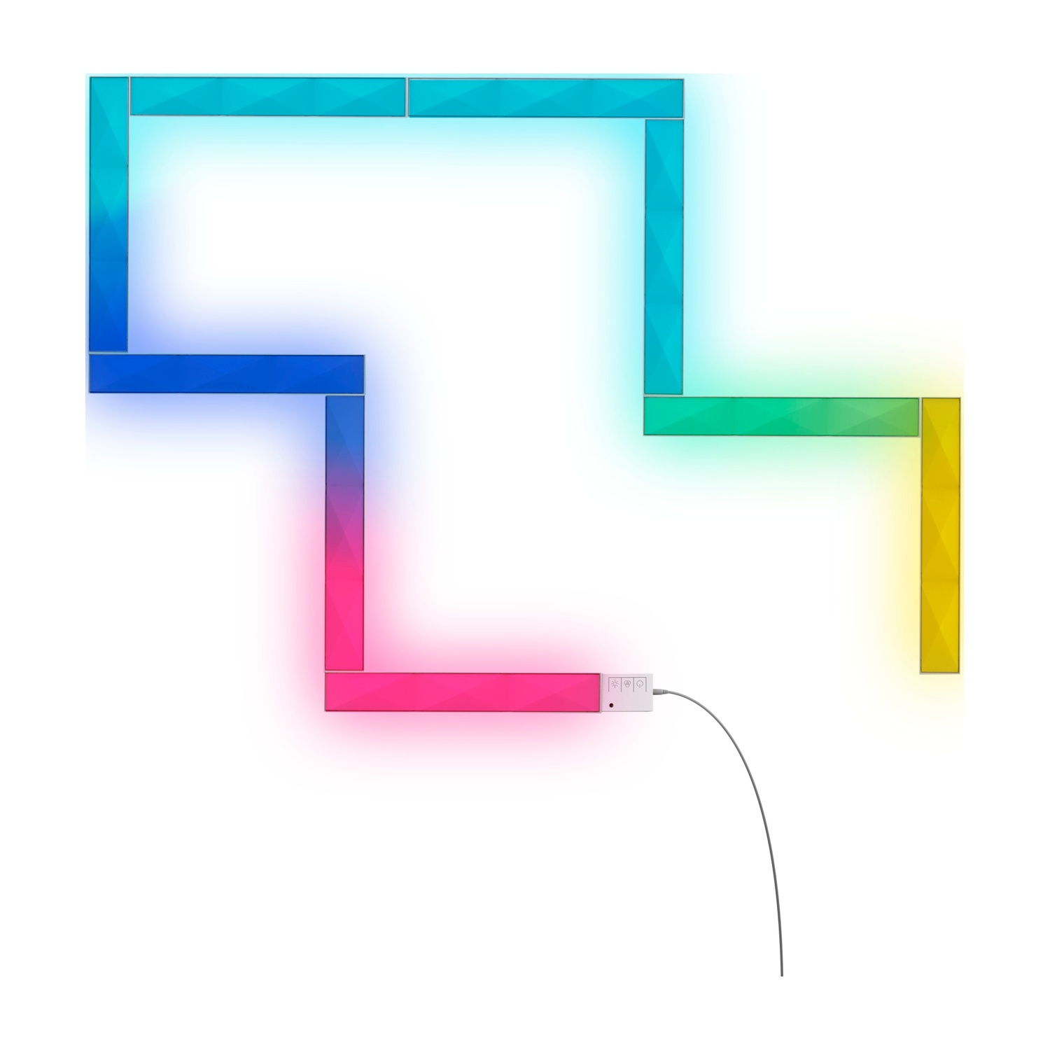 Un'installazione di luci a LED multicolore a zig-zag su sfondo bianco.