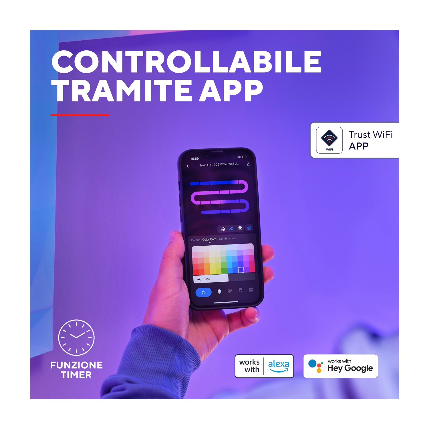 Una mano che tiene uno smartphone con un'app di controllo del colore, con uno sfondo viola.