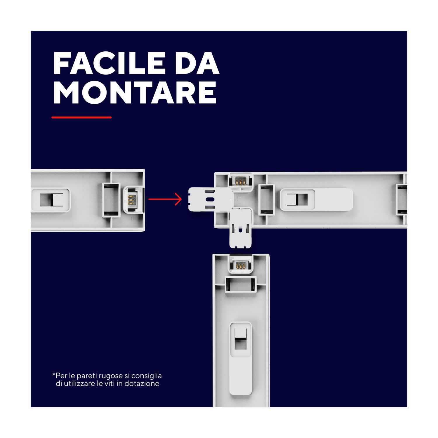 Istruzioni per un facile montaggio. Pezzi di plastica bianca si collegano con una freccia.