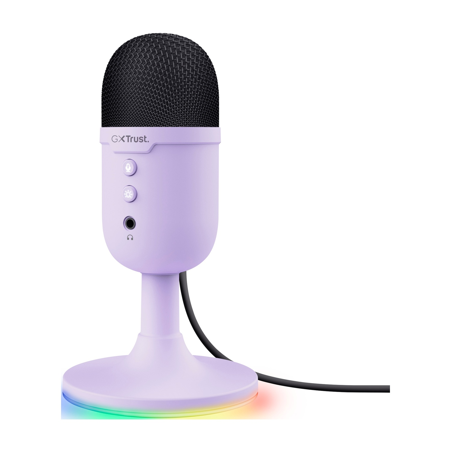 Un microfono viola su un supporto con base che cambia colore.