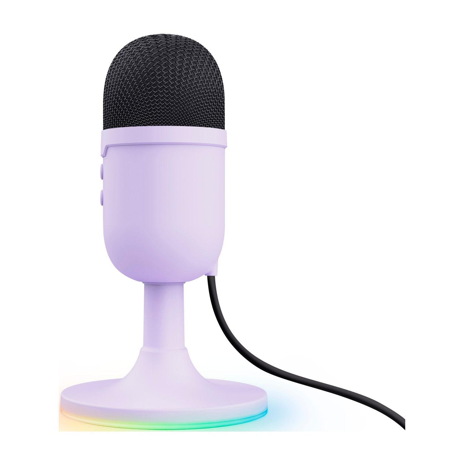 Microfono viola con testa a rete nera. La base ha un LED arcobaleno. Sfondo bianco.