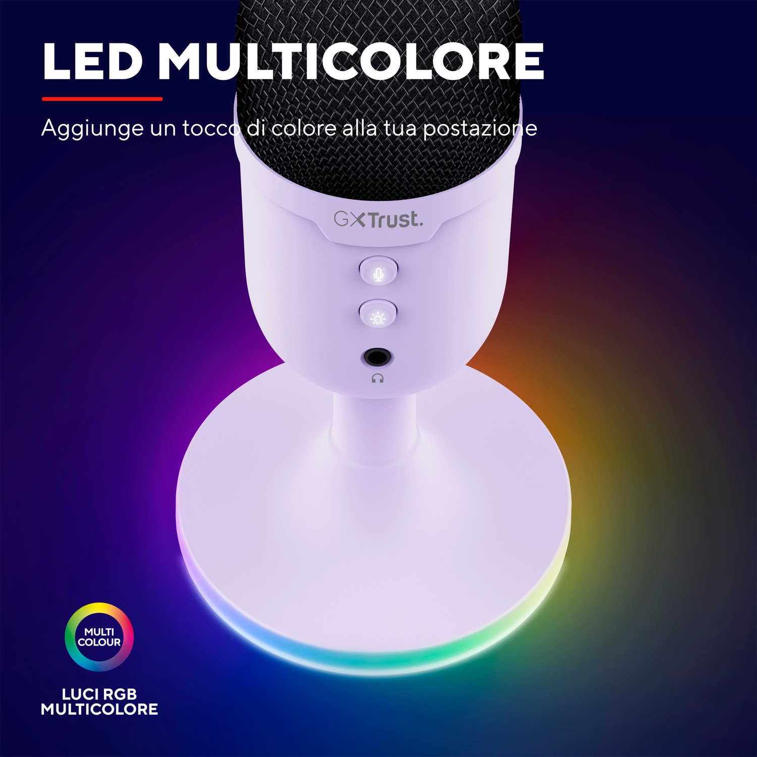 Microfono bianco con illuminazione RGB, base multicolore e sovrapposizione testo.