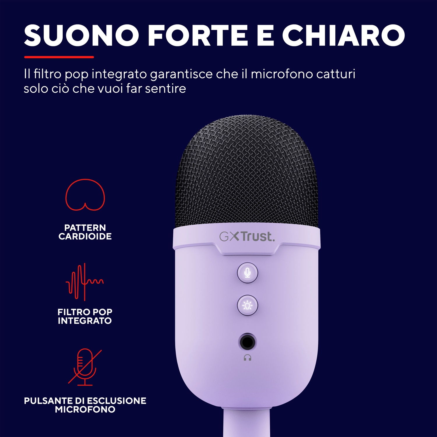 Microfono viola con filtro antipop. Il testo evidenzia le caratteristiche, l'icona del microfono e del filtro.