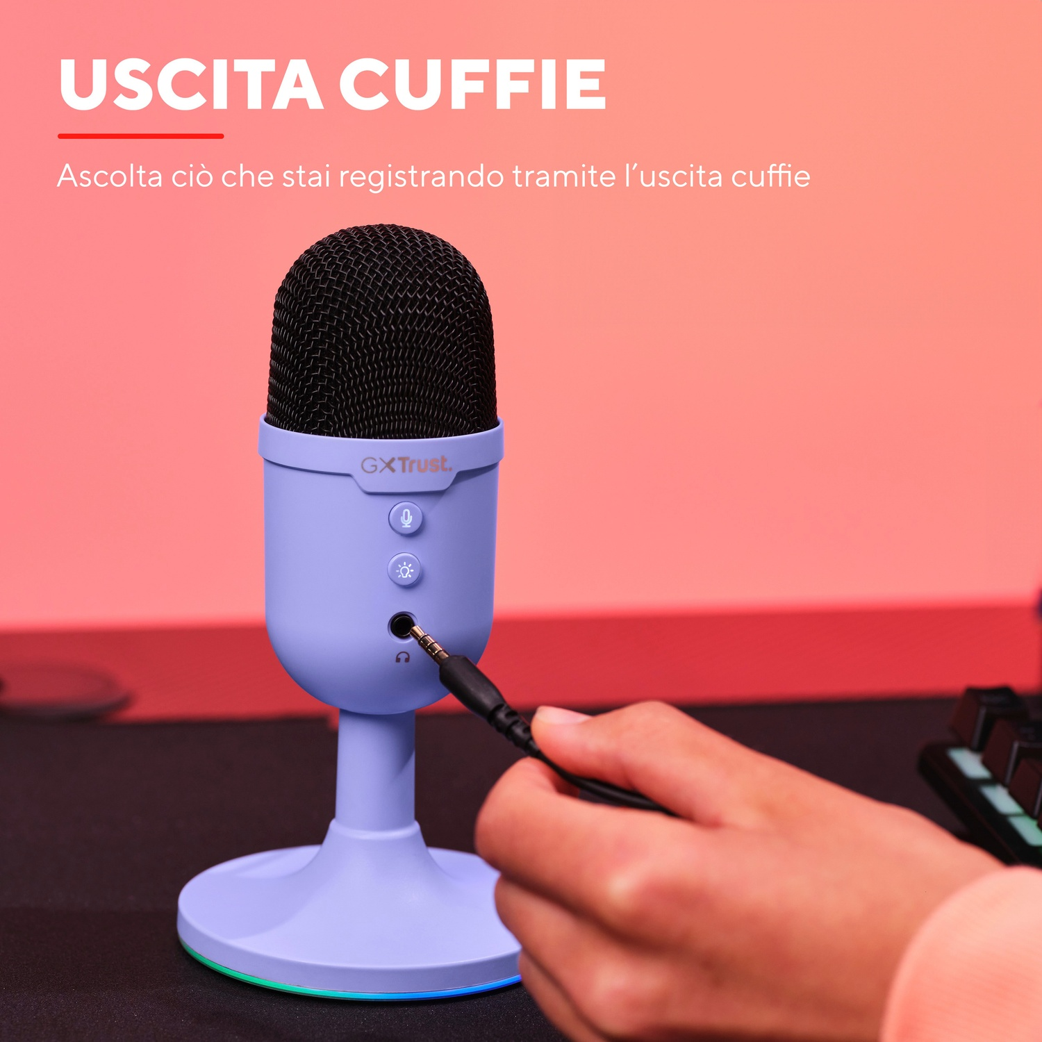 Microfono e una mano che collega un cavo audio.