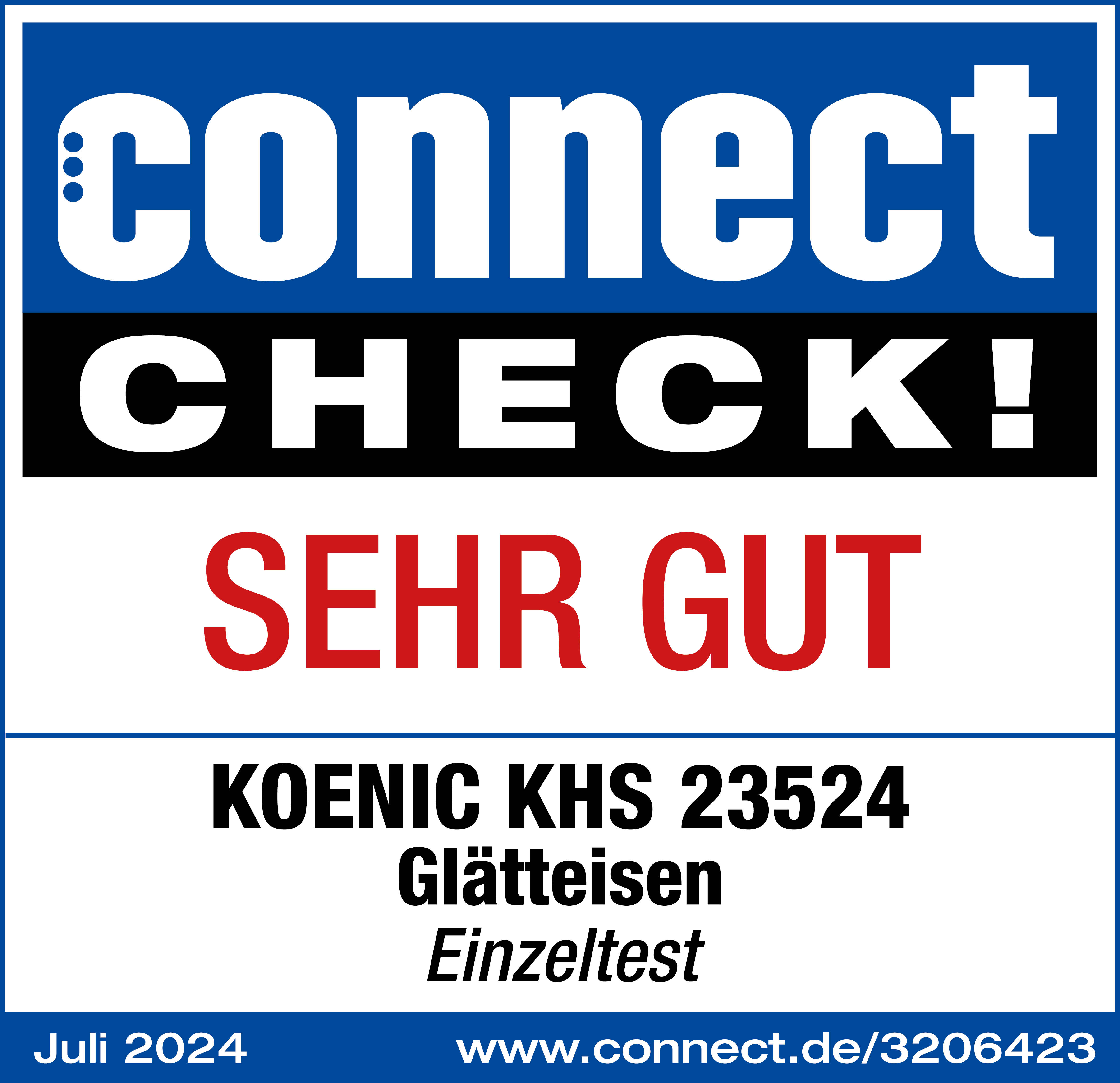 Logo mit 'connect CHECK!' und 'SEHR GUT' in Rot. Darunter Produktdetails und Website-URL sichtbar.