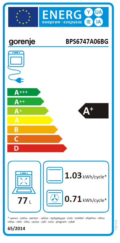 Gorenje sütő energiacímkéje. A+ energiaosztály, 77L térfogat, és a ciklus energiafogyasztása látható.