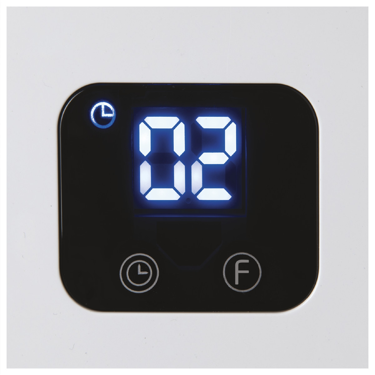 Wyświetlacz cyfrowy pokazuje "02". Ikona zegara po lewej, przycisk "F" po prawej.