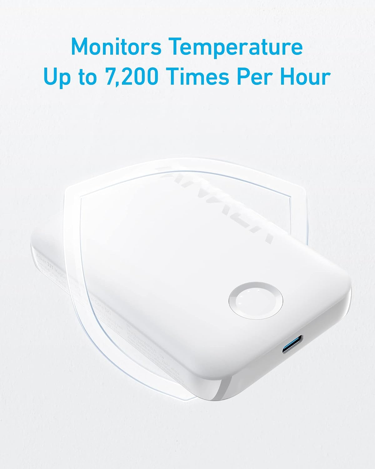 Açık mavi kalkan grafiği olan beyaz Anker powerbank. Metin: Saatte 7.200 Kez Sıcaklığı İzler.