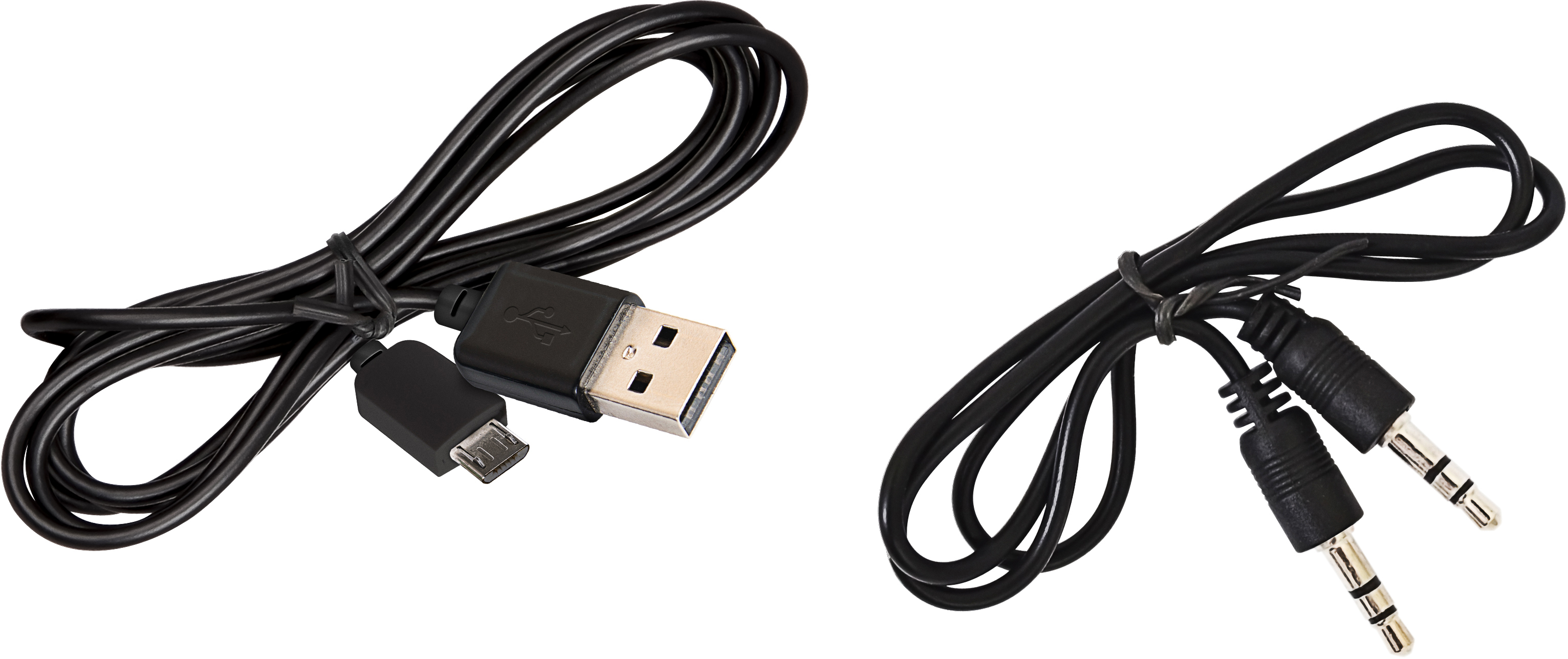 Két fekete kábel különböző csatlakozókkal. Egy USB-micro USB, a másik 3,5 mm-es audiocsatlakozó.