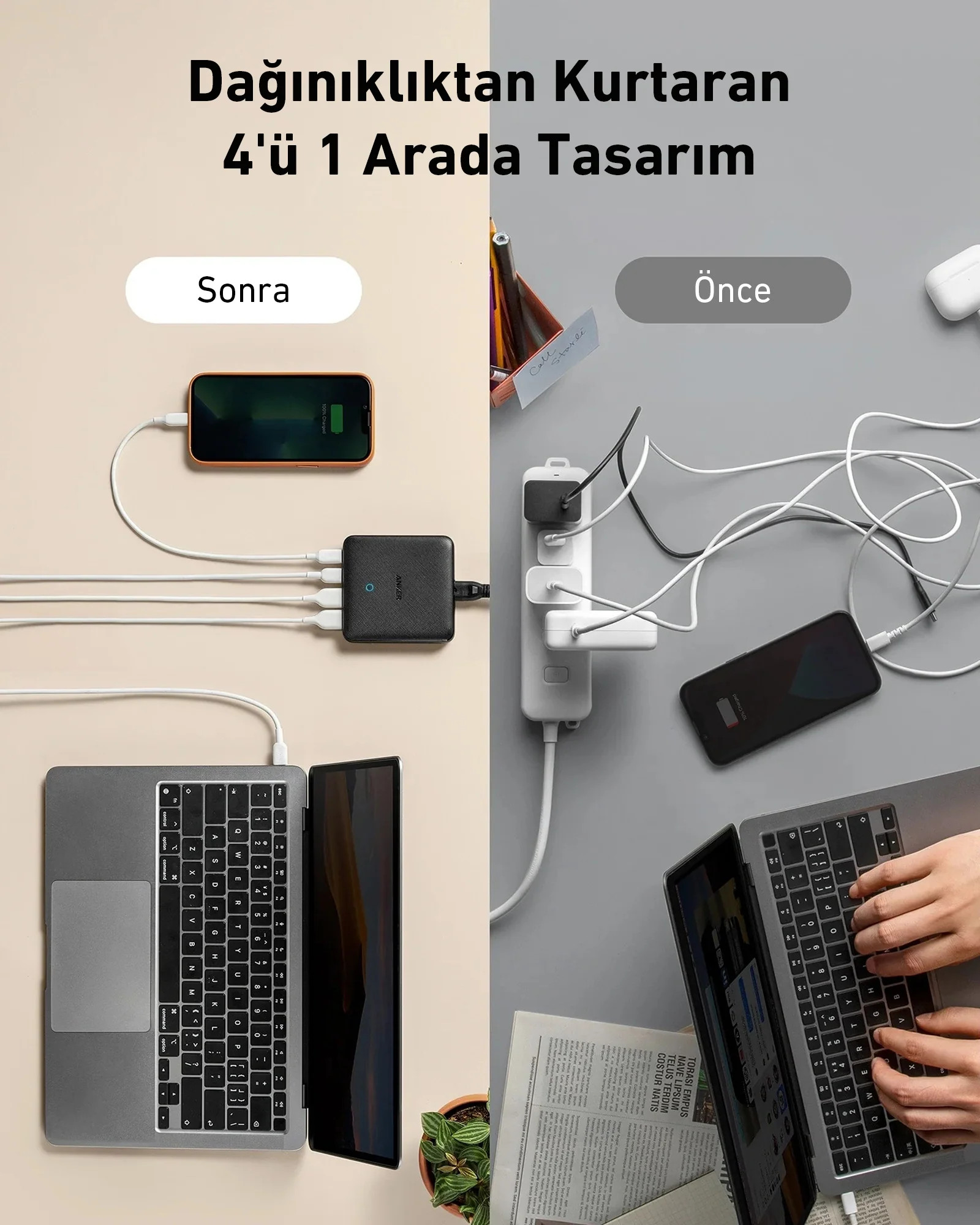 Görüntü, bir şarj istasyonunun öncesi/sonrası karşılaştırmasını gösteriyor. Önce: dağınık kablolar. Sonra: düzenli kurulum.