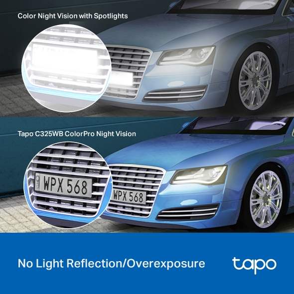 Dwa zdjęcia przedstawiają niebieski samochód. Jeden z włączonymi reflektorami i jeden z widoczną tablicą rejestracyjną.