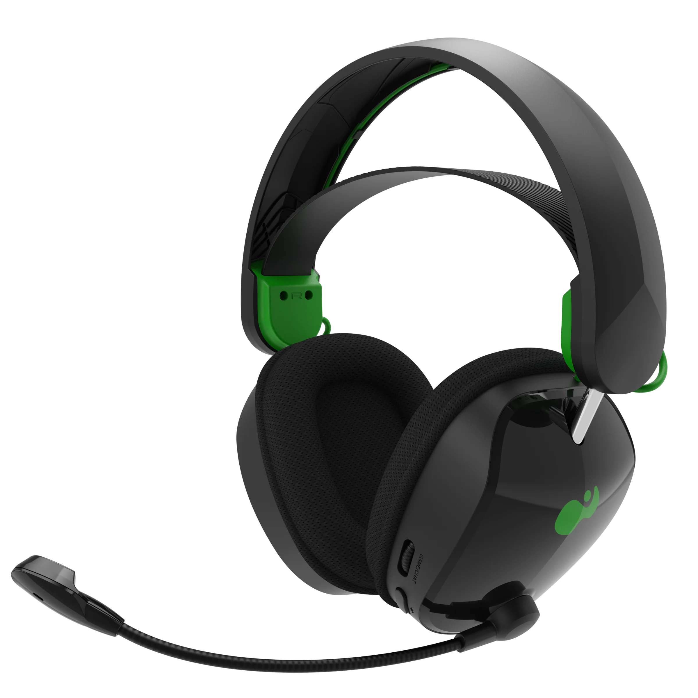 Schwarzes und grünes Gaming-Headset mit Mikrofon. Die Ohrmuscheln sind schwarz mit grünen Akzenten. Schwarzer Hintergrund.