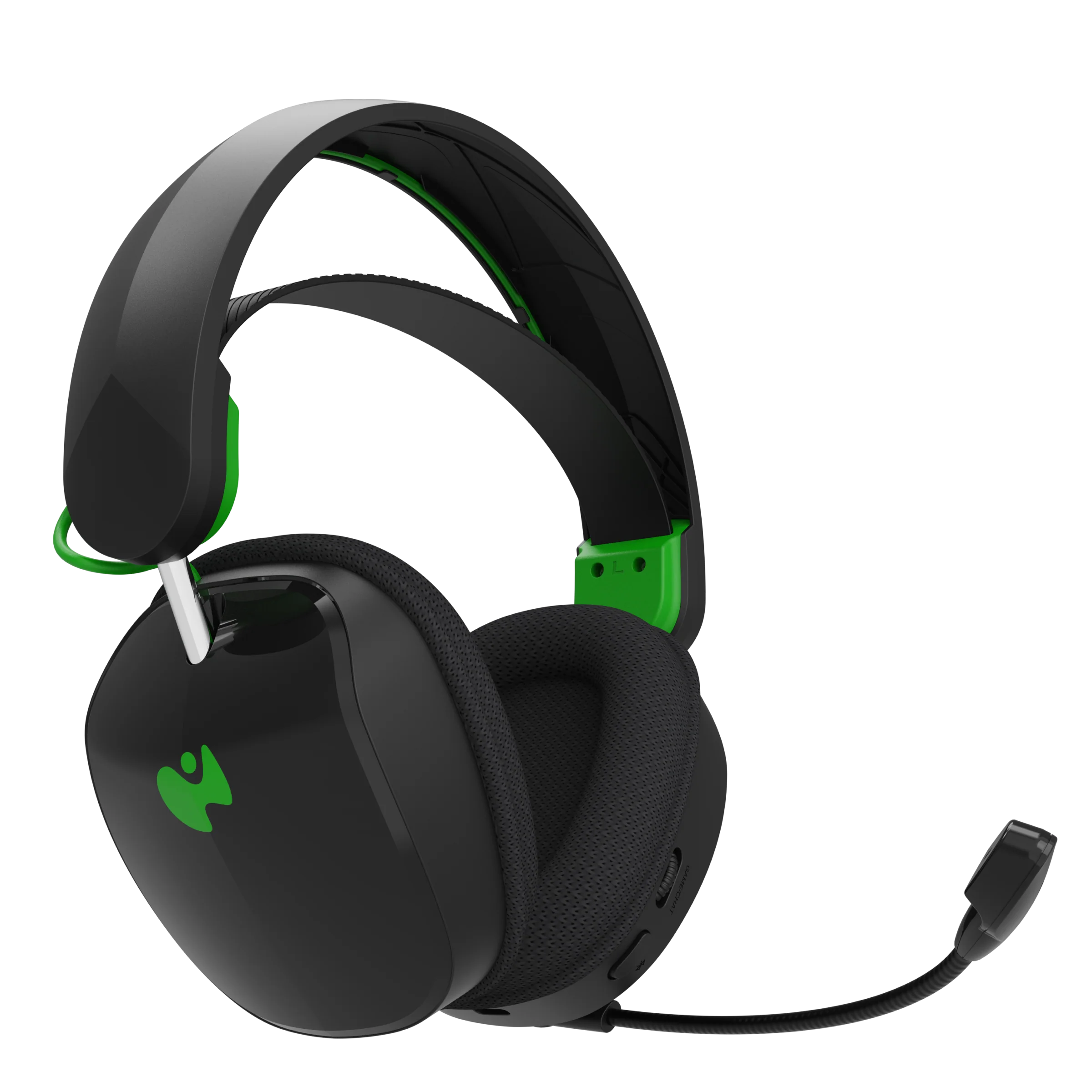 Ein Headset ist schwarz mit grünen Akzenten und einem Mikrofon.