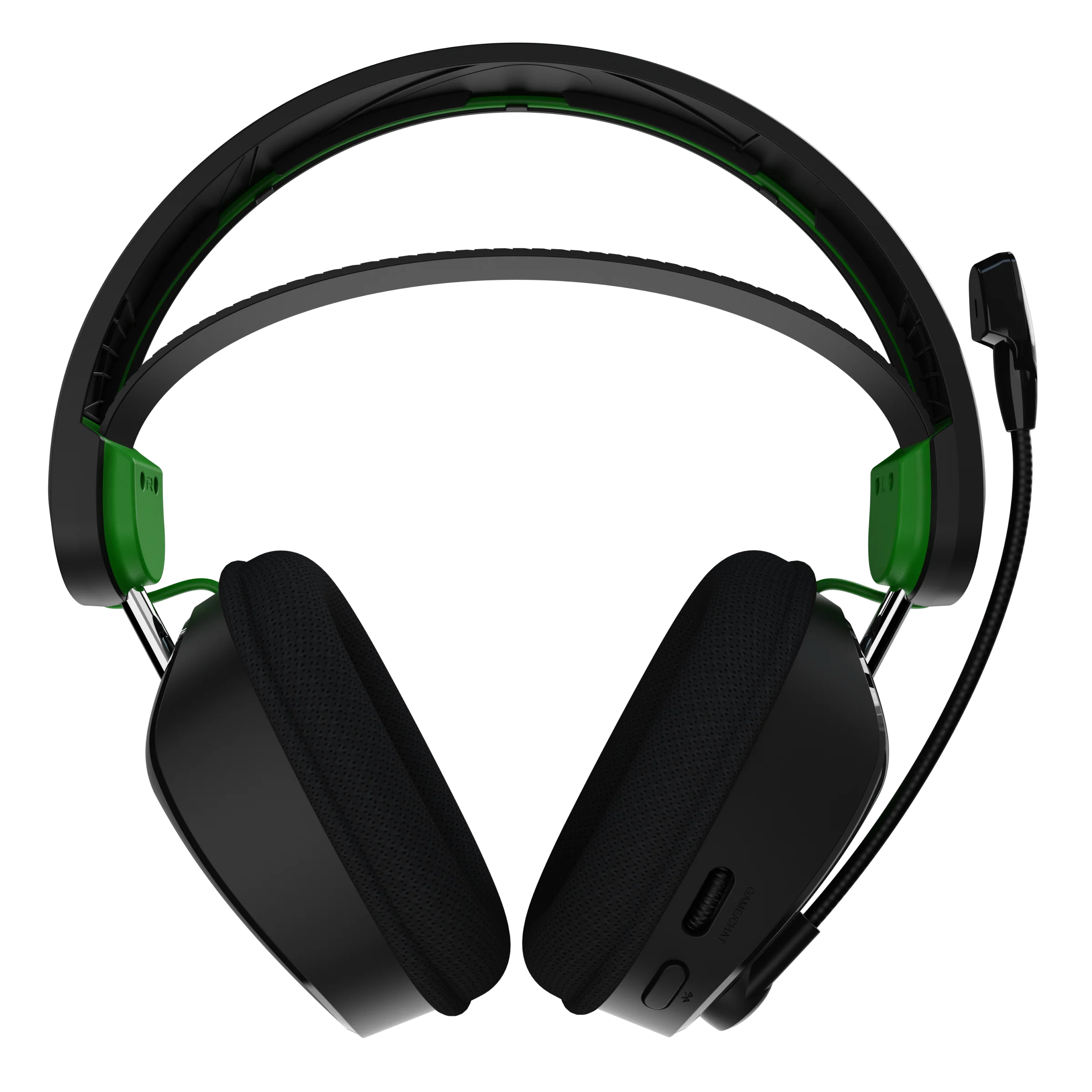 Schwarzes und grünes Gaming-Headset auf schwarzem Hintergrund. Die Ohrmuscheln sind schwarz mit grünen Akzenten.
