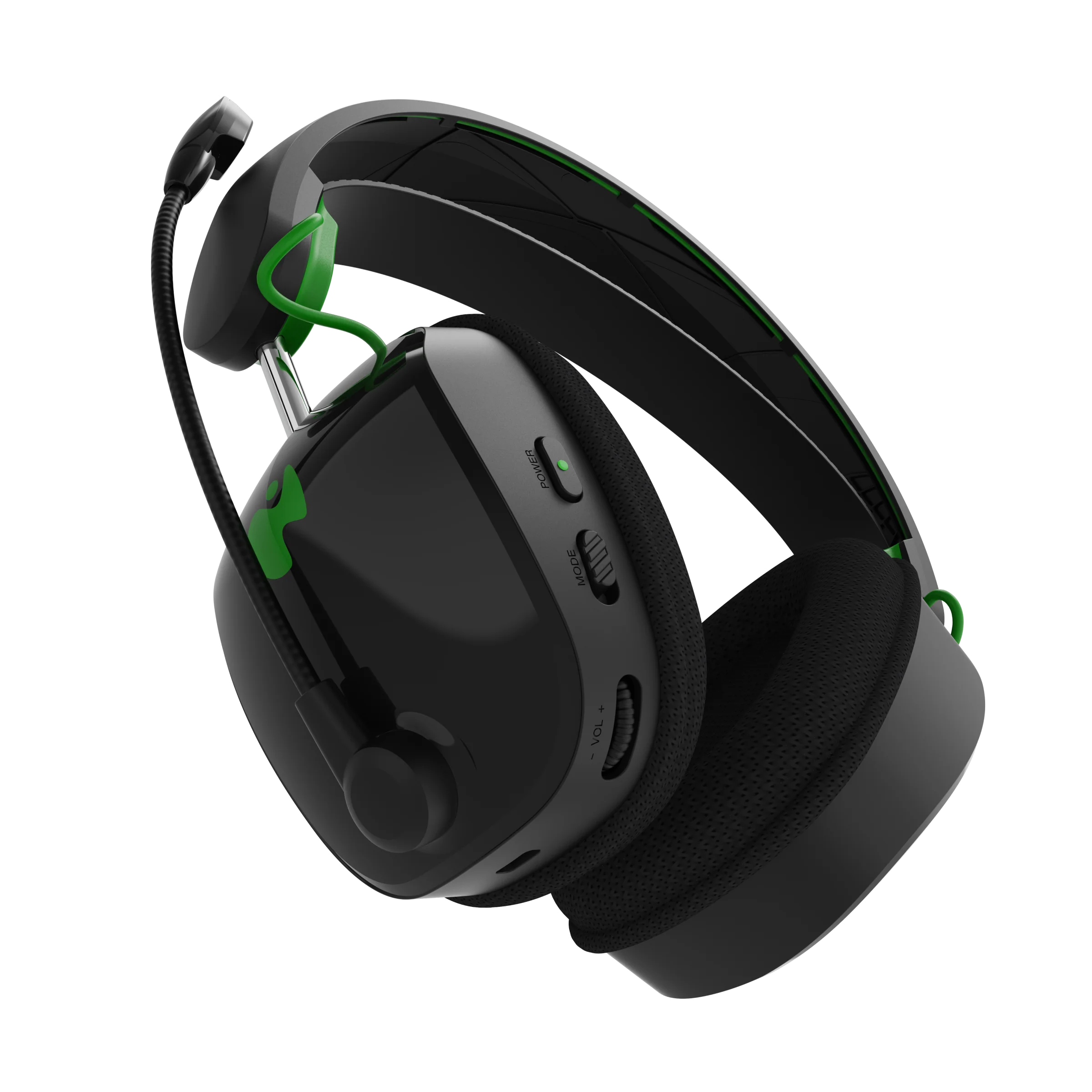 Schwarzes und grünes Gaming-Headset auf dunklem Hintergrund. Das Headset ist angewinkelt.