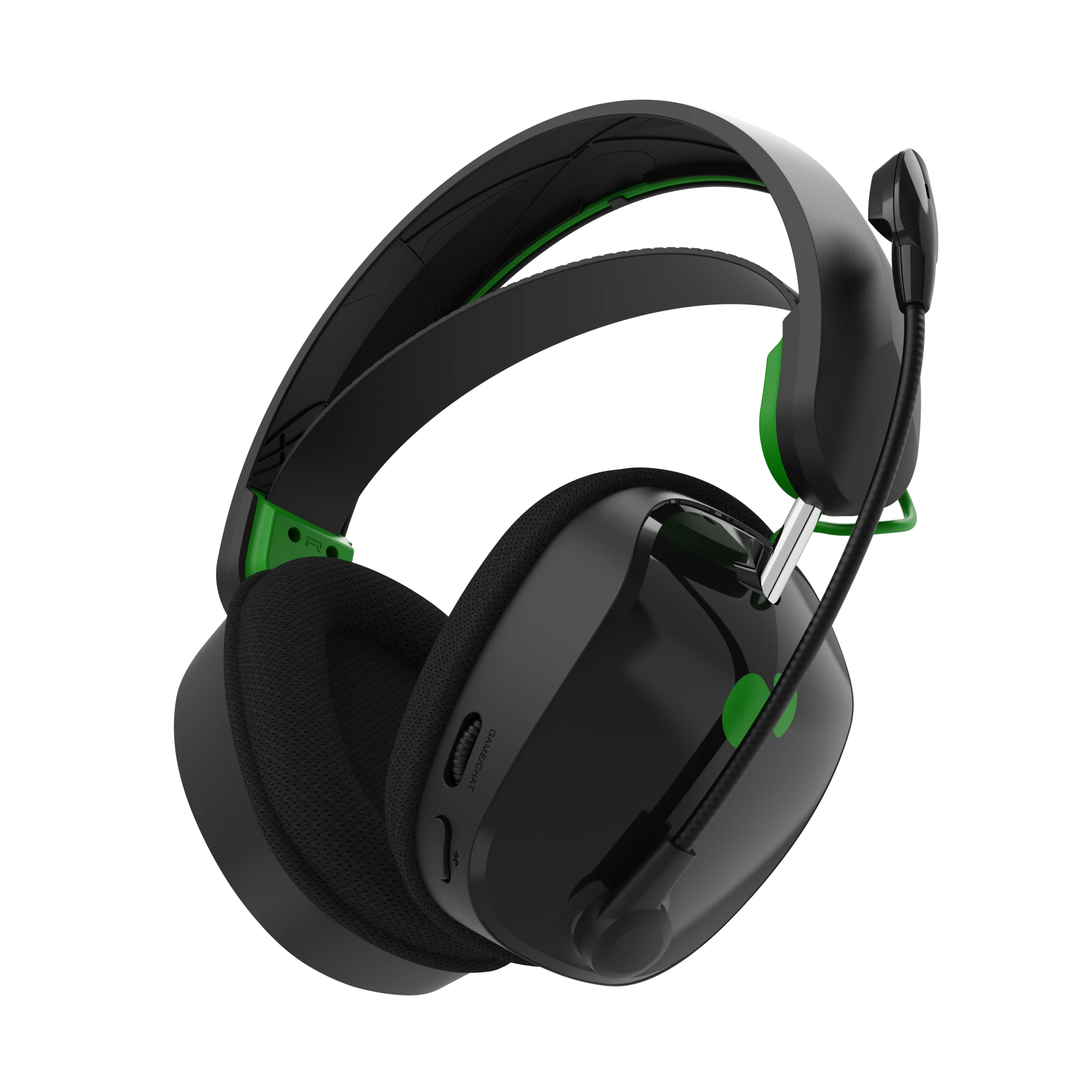 Schwarzes und grünes Gaming-Headset, schräge Ansicht.