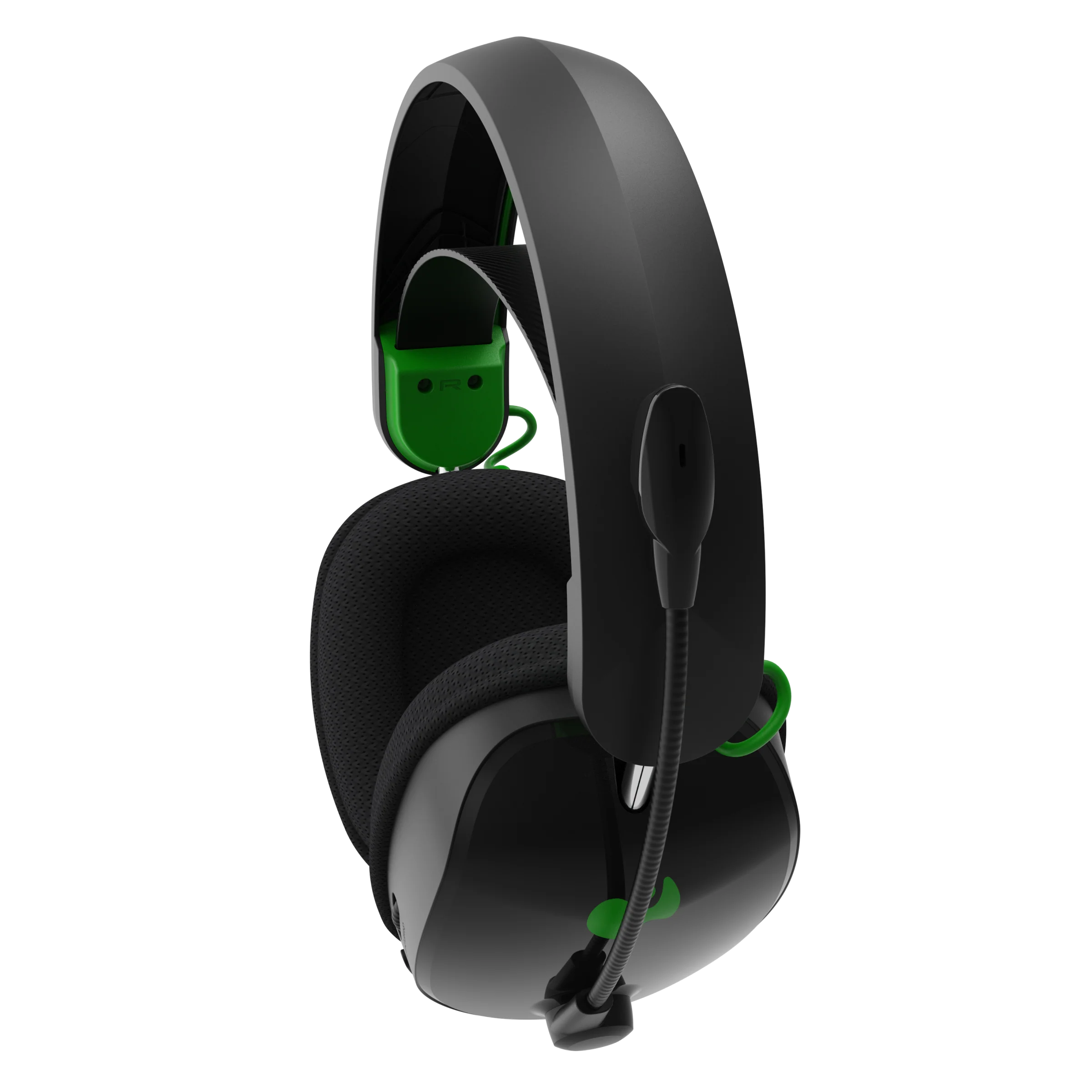 Schwarzes und grünes Gaming-Headset auf schwarzem Hintergrund. Das Mikrofon ist ausgefahren.