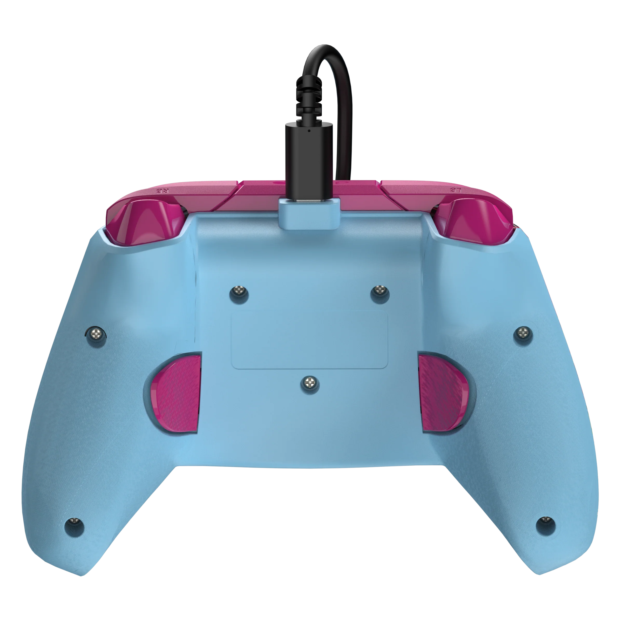 Rückansicht eines blau-rosa Gaming-Controllers mit schwarzem USB-Kabel.