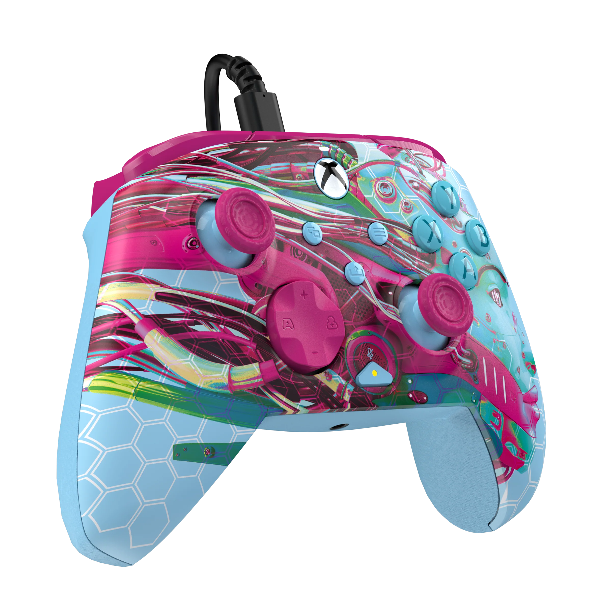 Bunter Xbox-Controller mit Kabelanschluss. Seine Oberfläche hat ein einzigartiges Design.