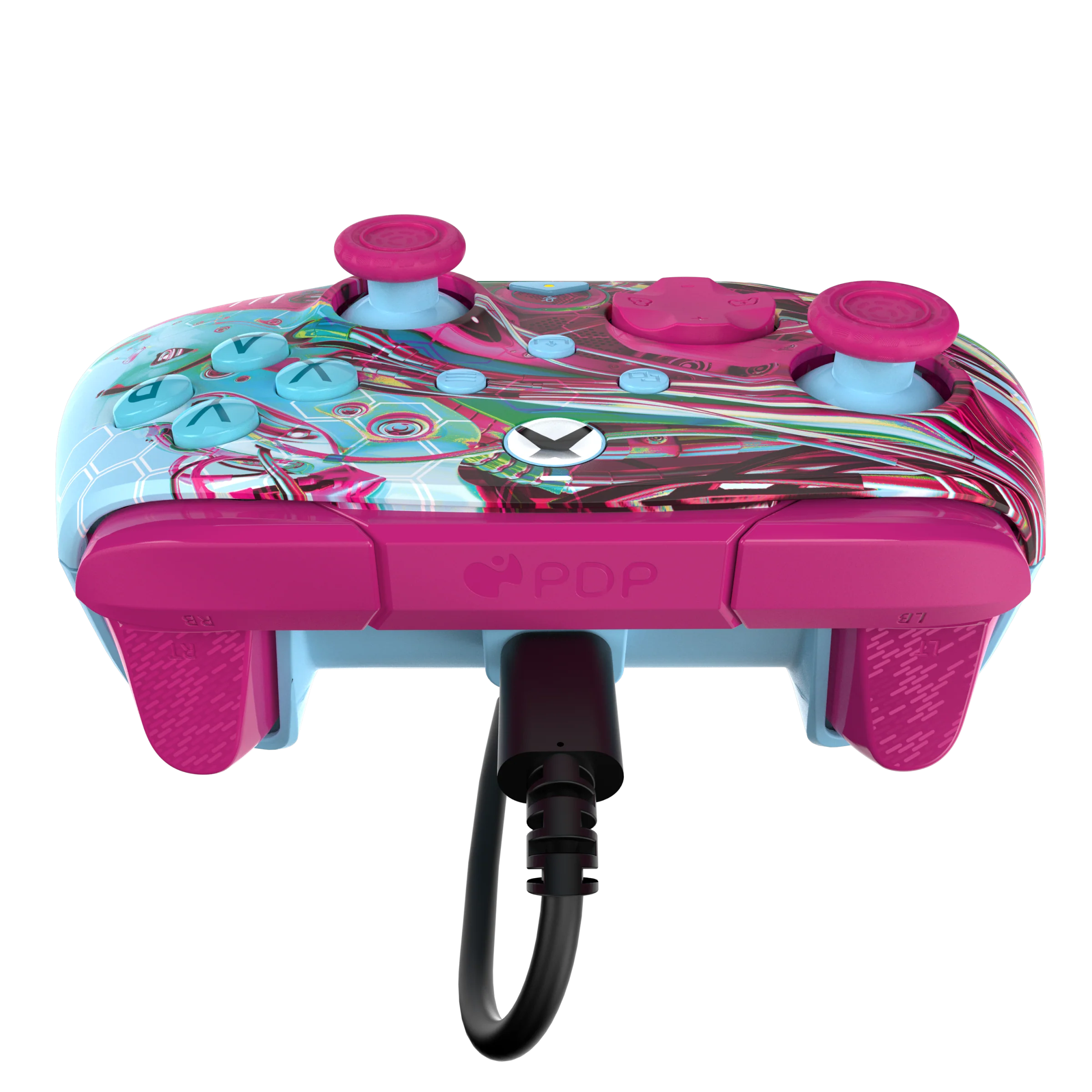 Ein bunter Xbox-Controller, rosa und hellblau mit einem schwarzen Kabel.
