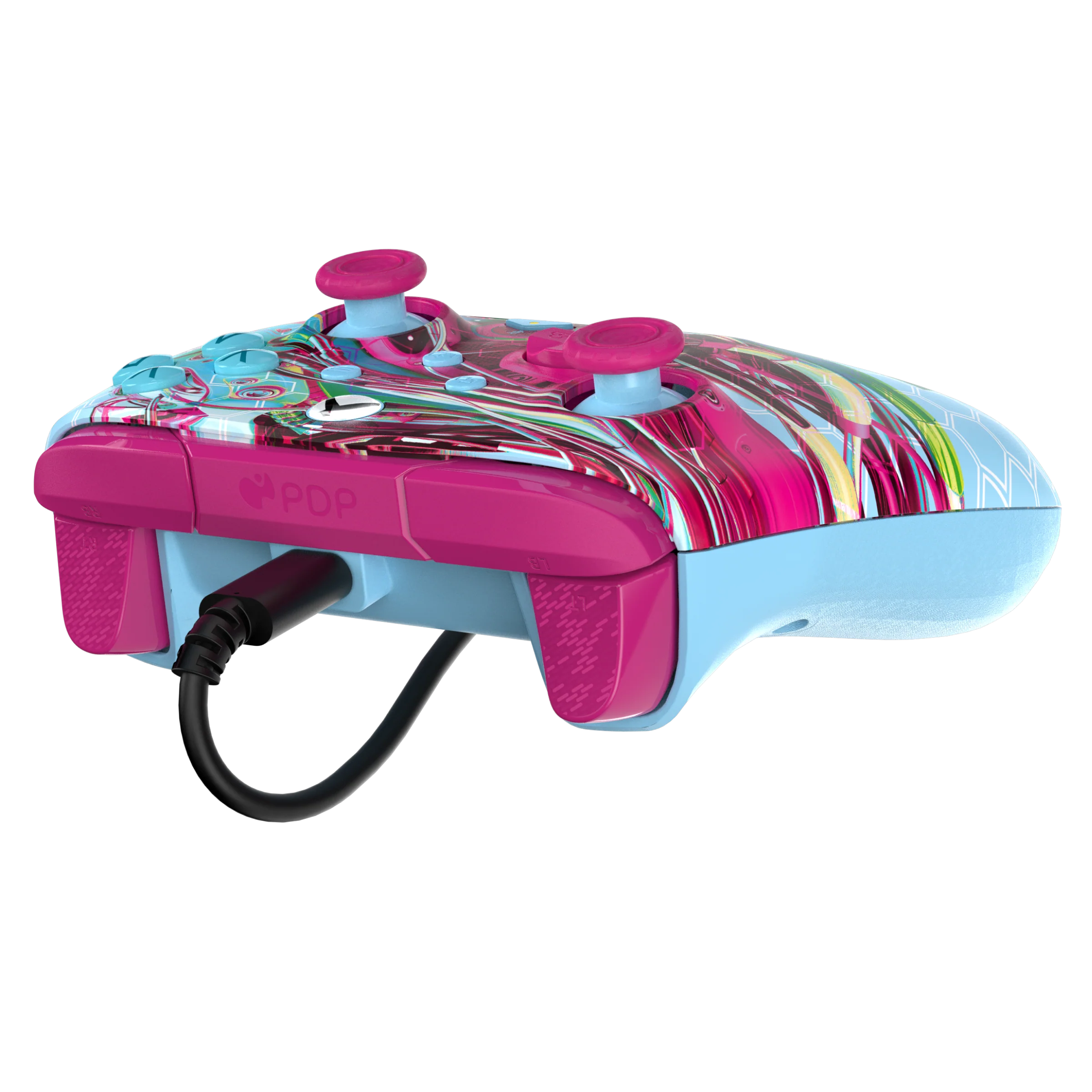 Ein bunter Gamecontroller mit rosa und blauen Akzenten, einem schwarzen Kabel und mehreren Tasten.