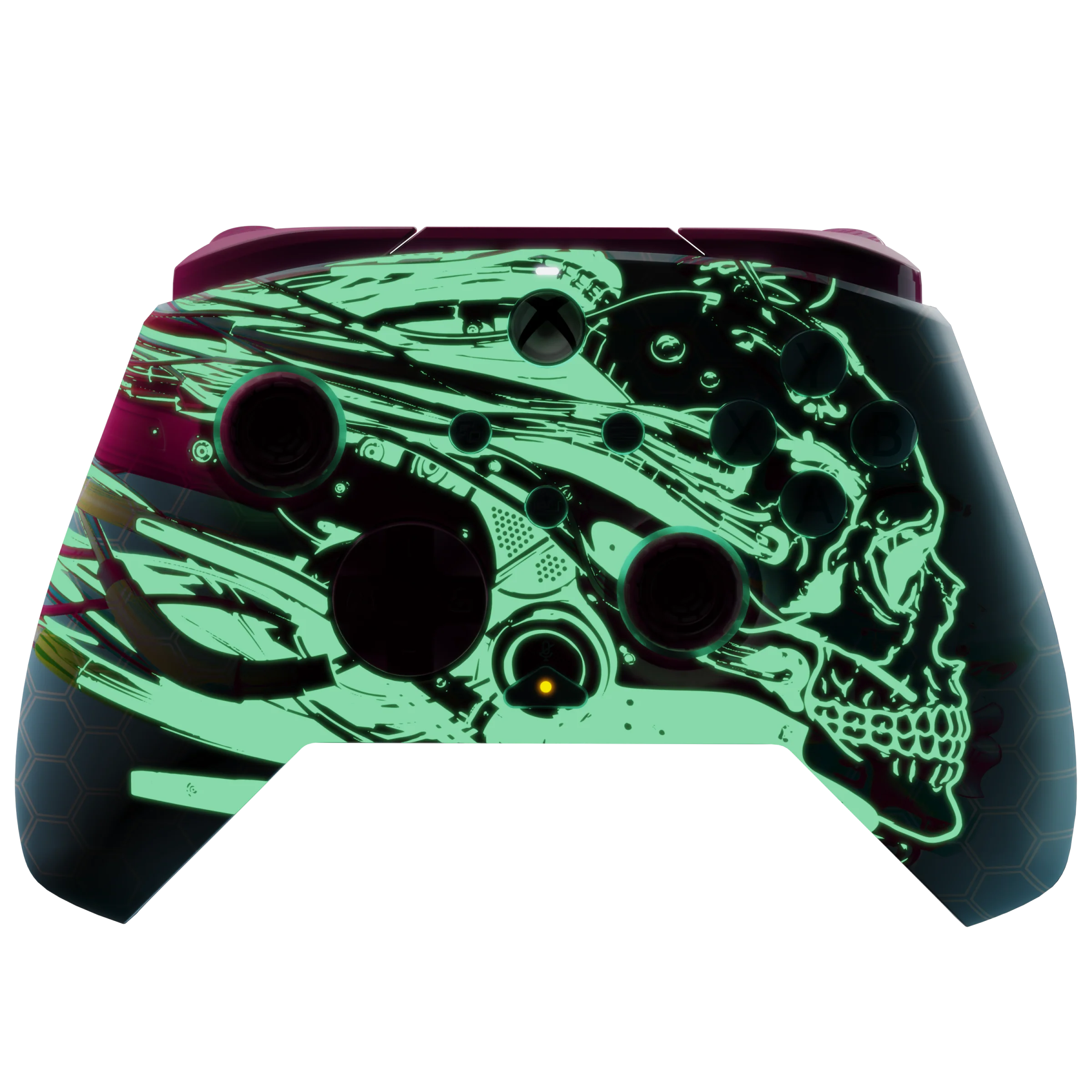 Ein schwarzer und grüner Xbox-Controller mit Totenkopf-Design.