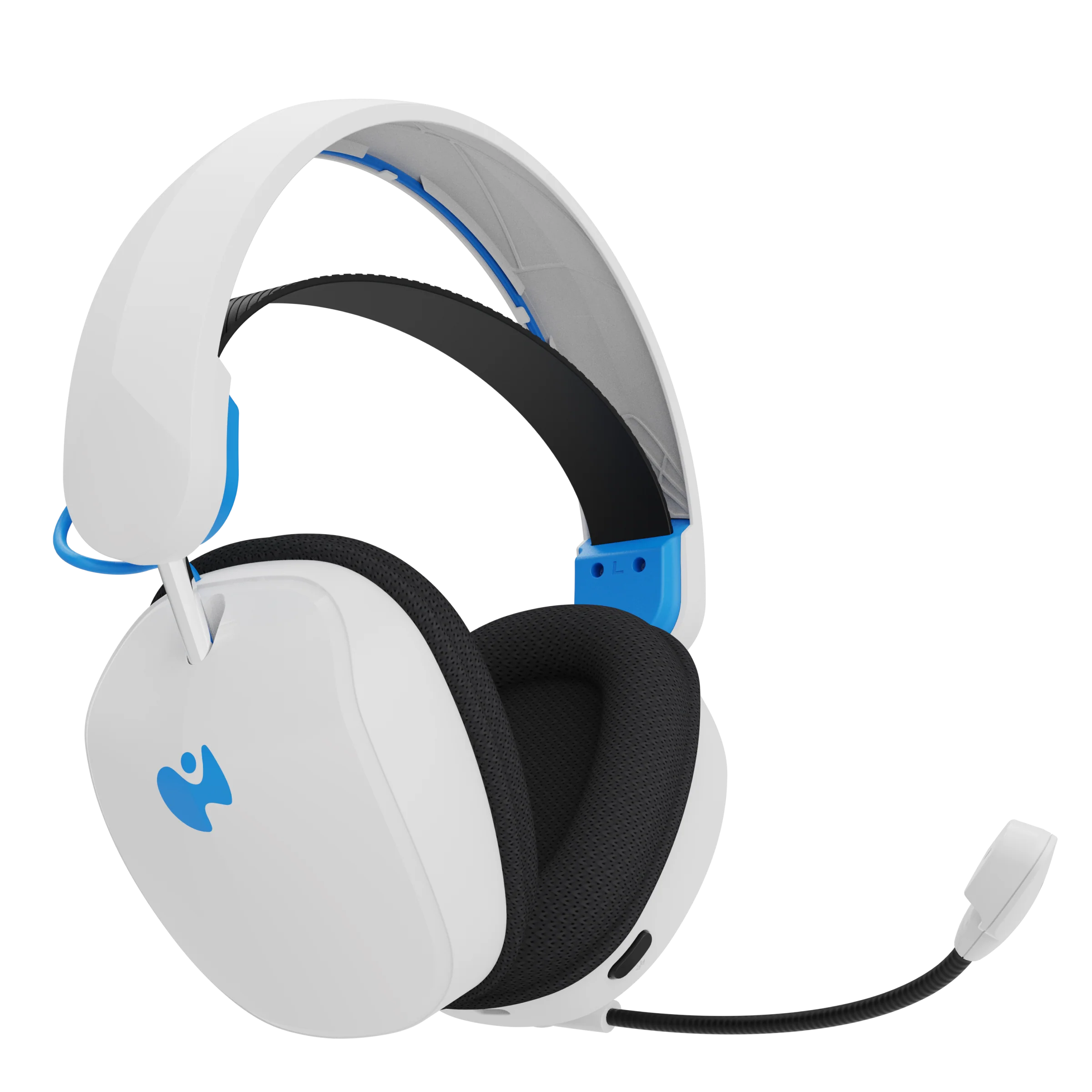 Weißes und blaues Gaming-Headset mit Mikrofon, auf schwarzem Hintergrund.