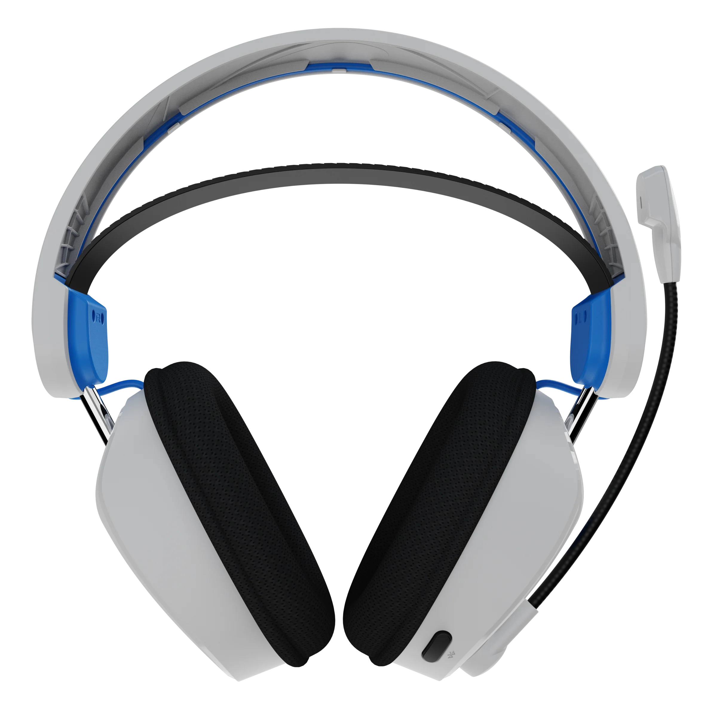 Weißes und blaues Gaming-Headset mit Mikrofon. Schwarze Schaumstoff-Ohrmuscheln. Dunkler Hintergrund.
