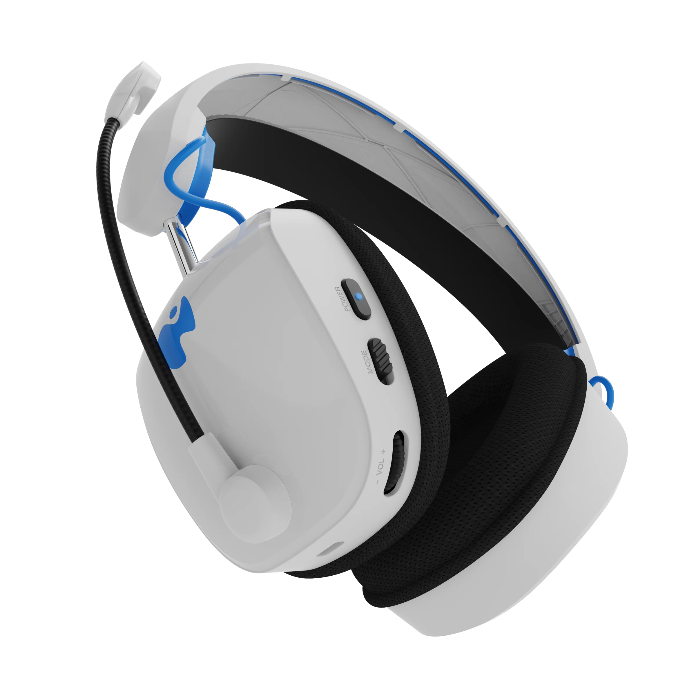 Weißes und blaues Gaming-Headset mit Mikrofon und Bedienelementen.