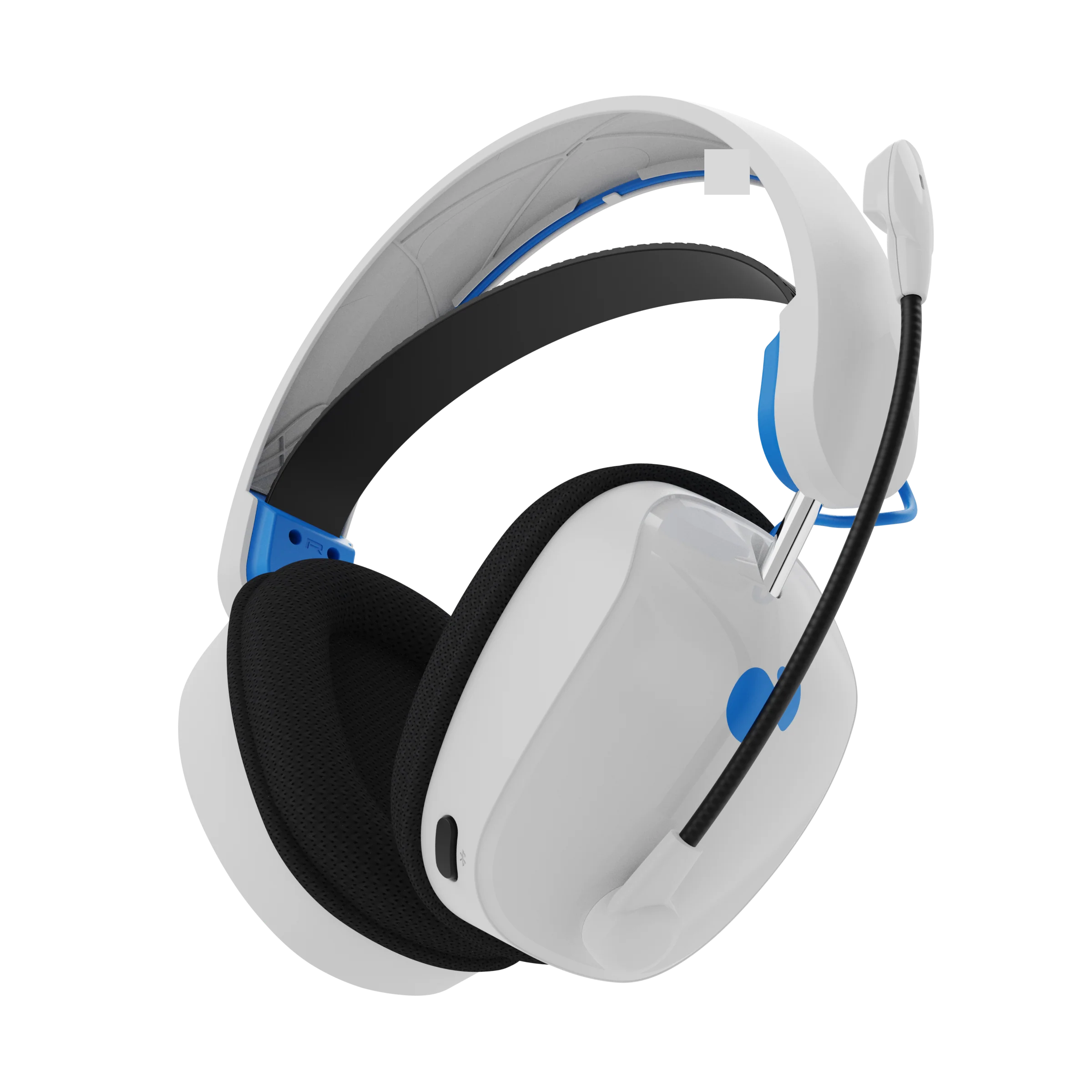 Weißes und blaues Gaming-Headset mit Mikrofon, abgewinkelt vor schwarzem Hintergrund.