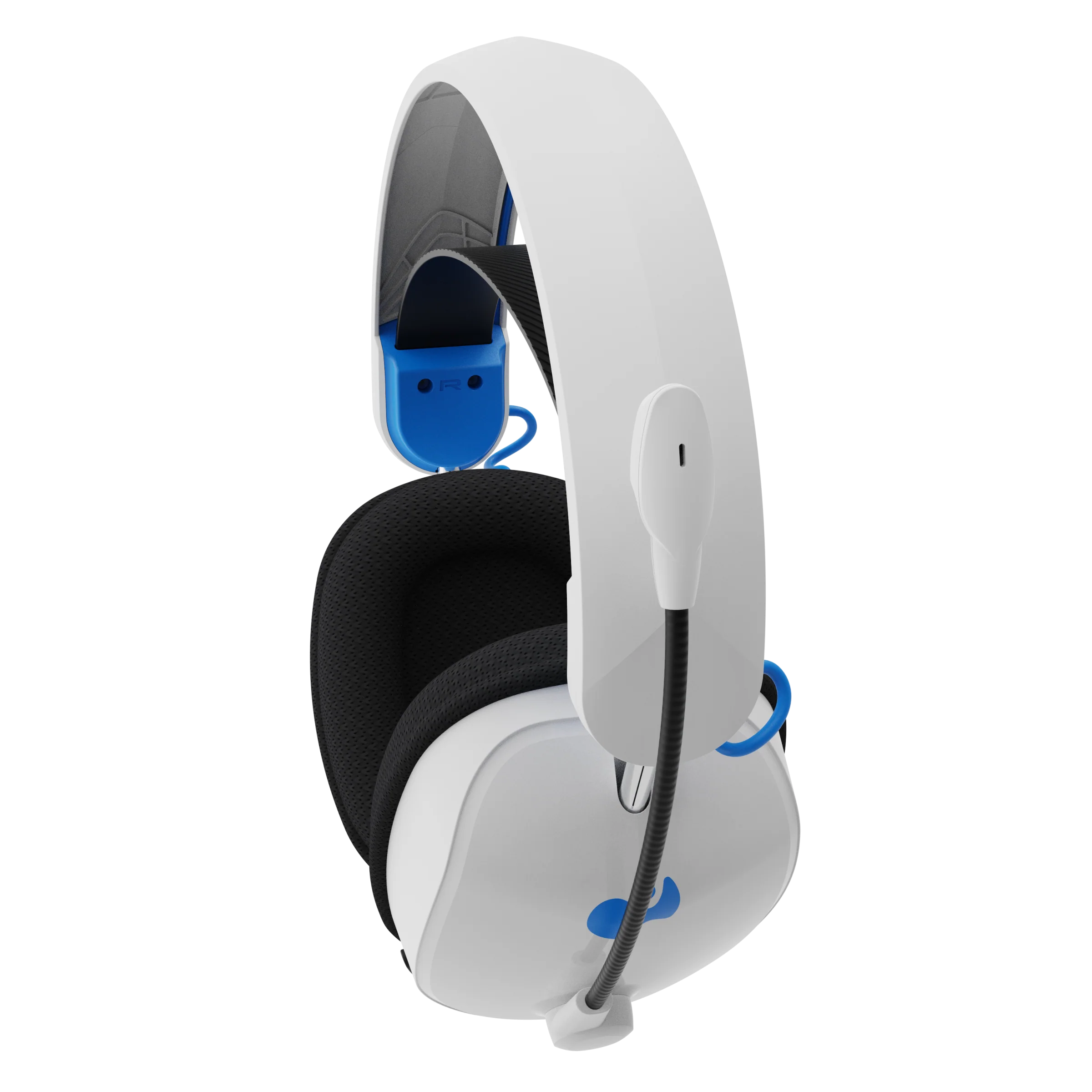 Weißes und blaues Gaming-Headset. Mit Mikrofon, Ohrmuscheln und Kopfband.