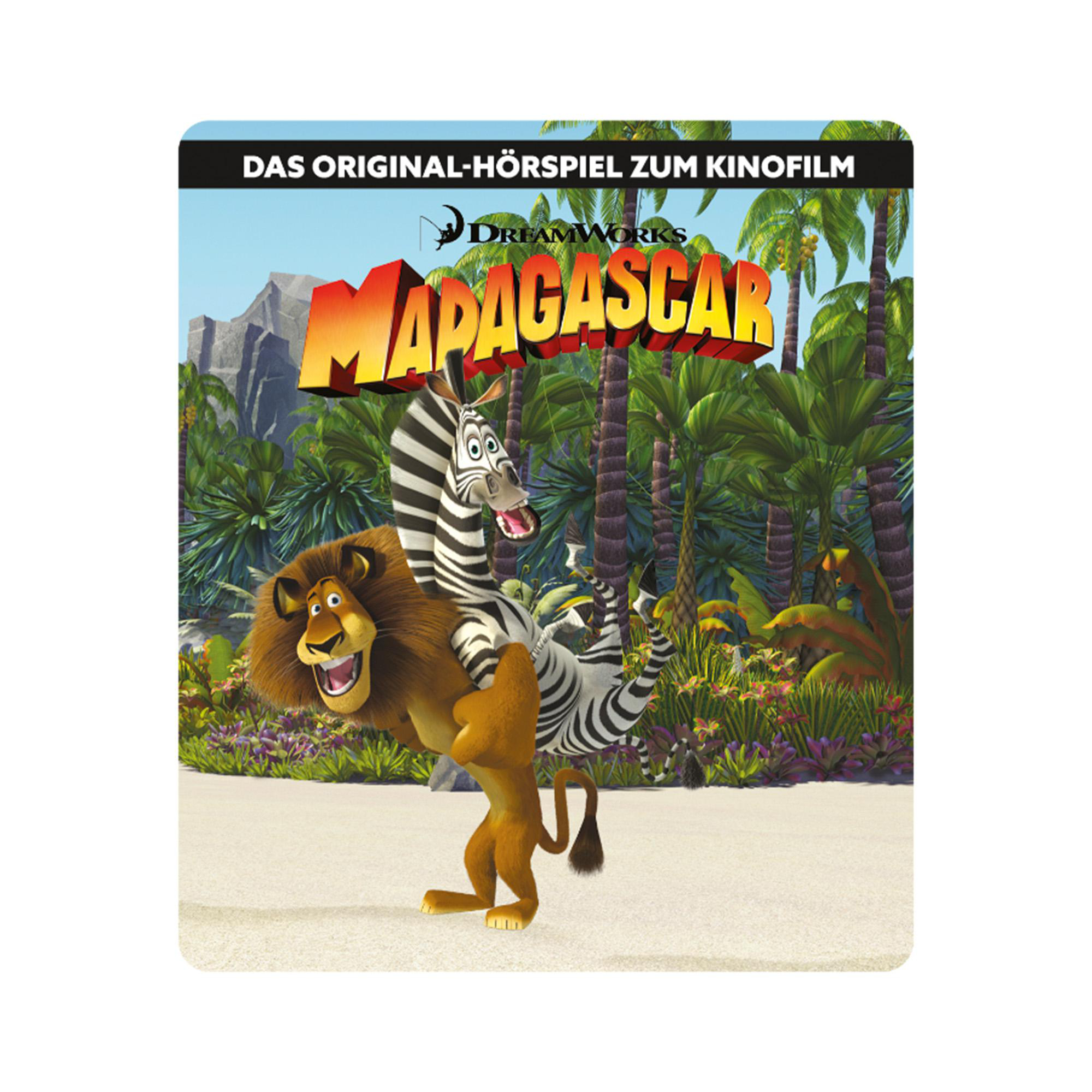 Das Cover der Madagascar-DVD mit einem Löwen, Zebra und Lemuren am Strand mit Palmen.
