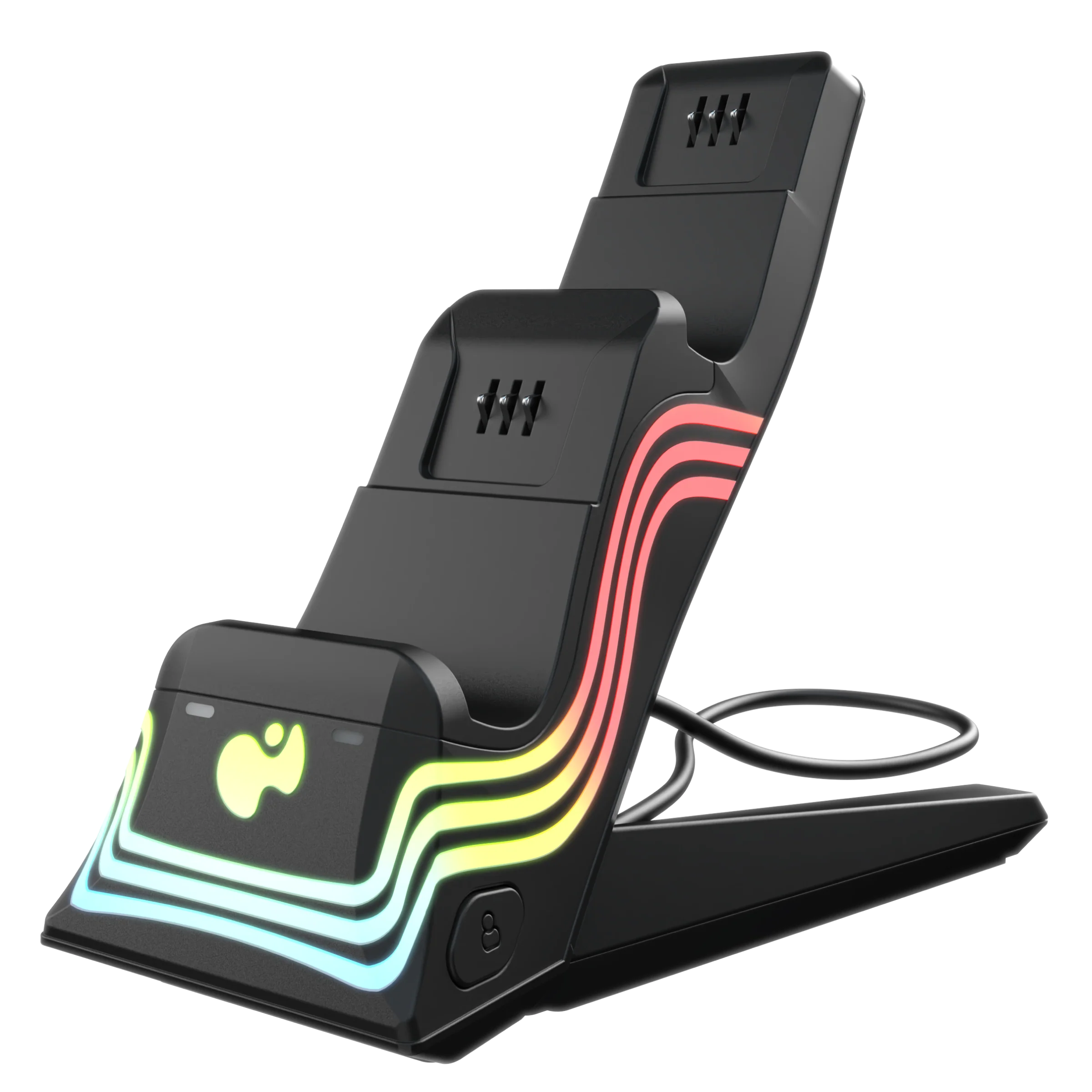 Schwarze Ladestation für Spielcontroller mit Lichtern.