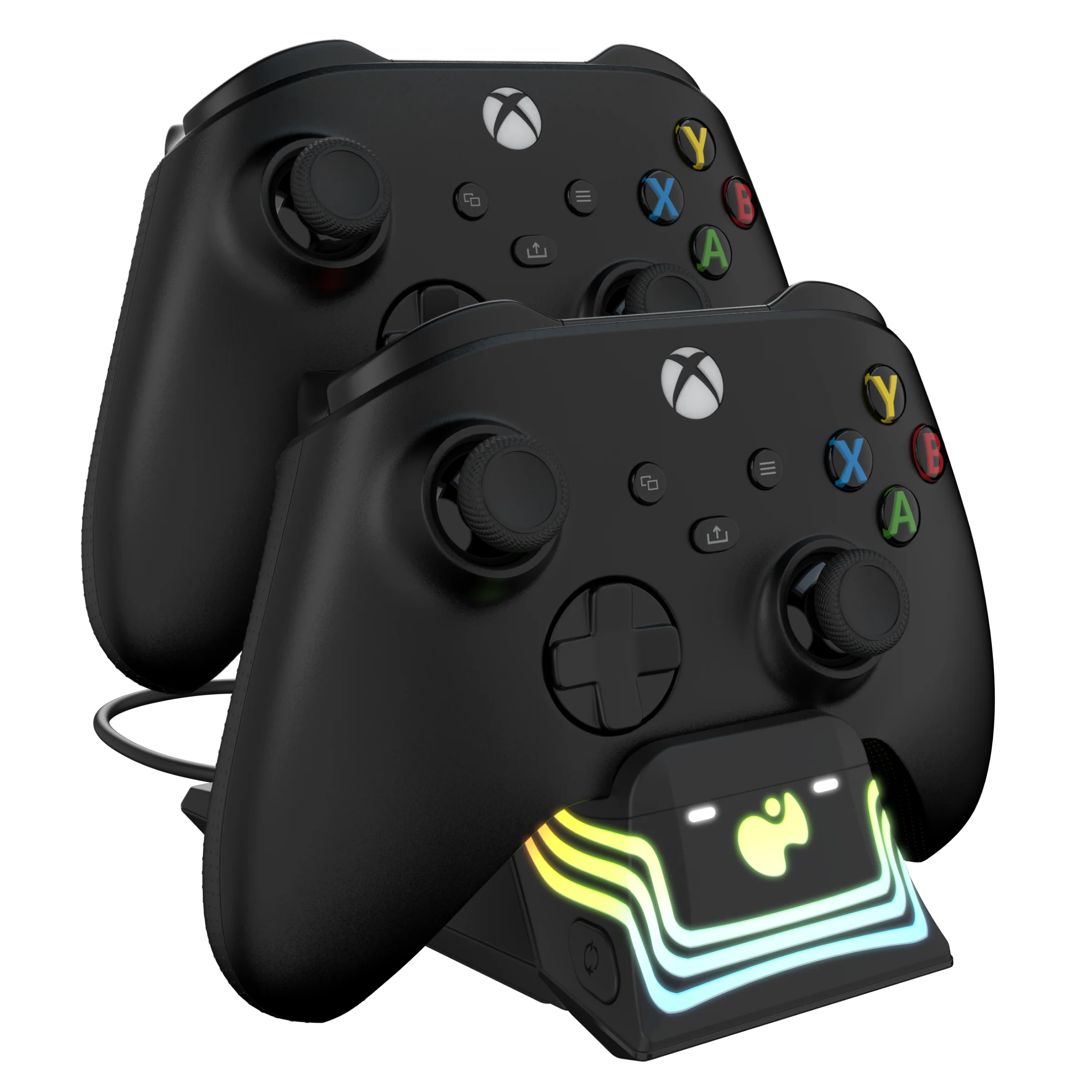 Zwei schwarze Xbox-Controller mit Ladestation, Neonlichtern und schwarzem Hintergrund.