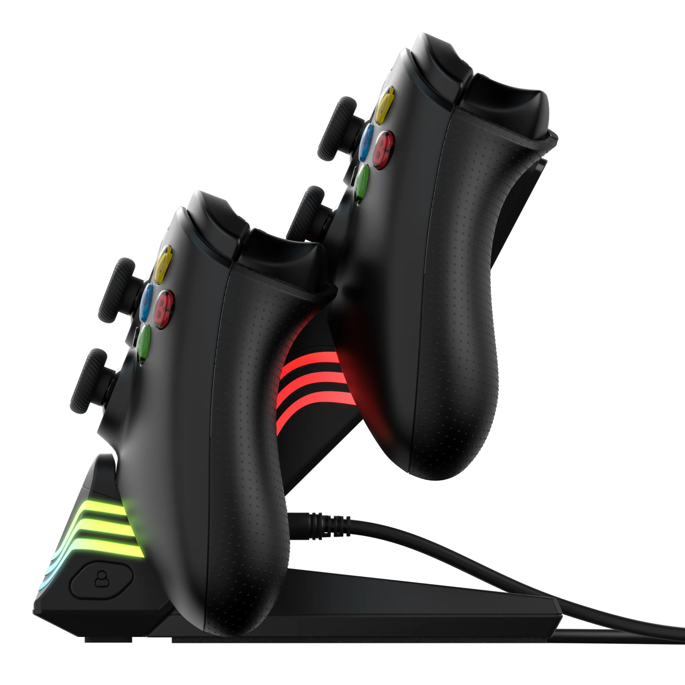 Zwei schwarze Gamecontroller auf einer Ladestation. Die Basis hat Lichter und ein Ladekabel.