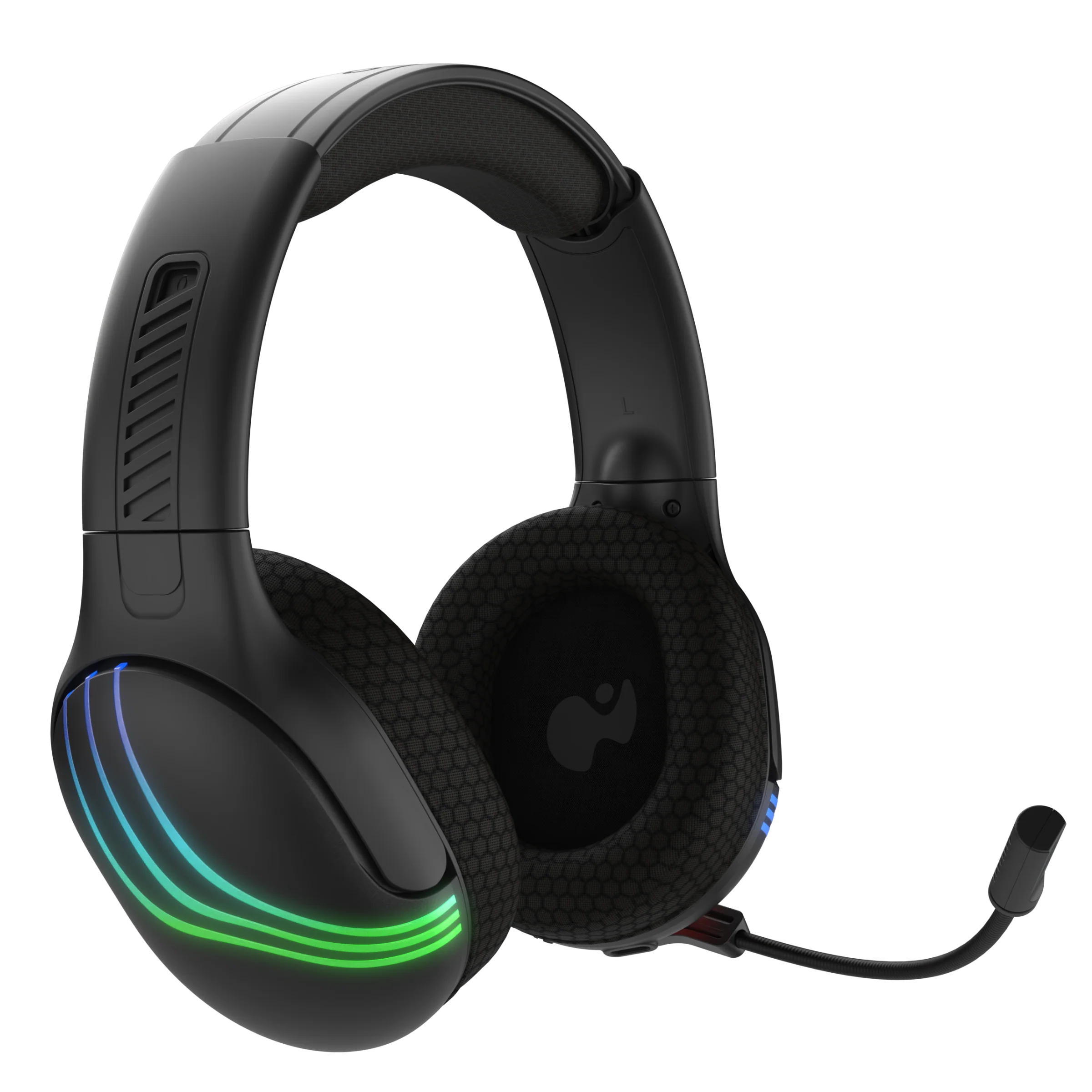 Schwarze Gaming-Kopfhörer mit RGB-Beleuchtung, einem Mikrofon und schwarzem Hintergrund.