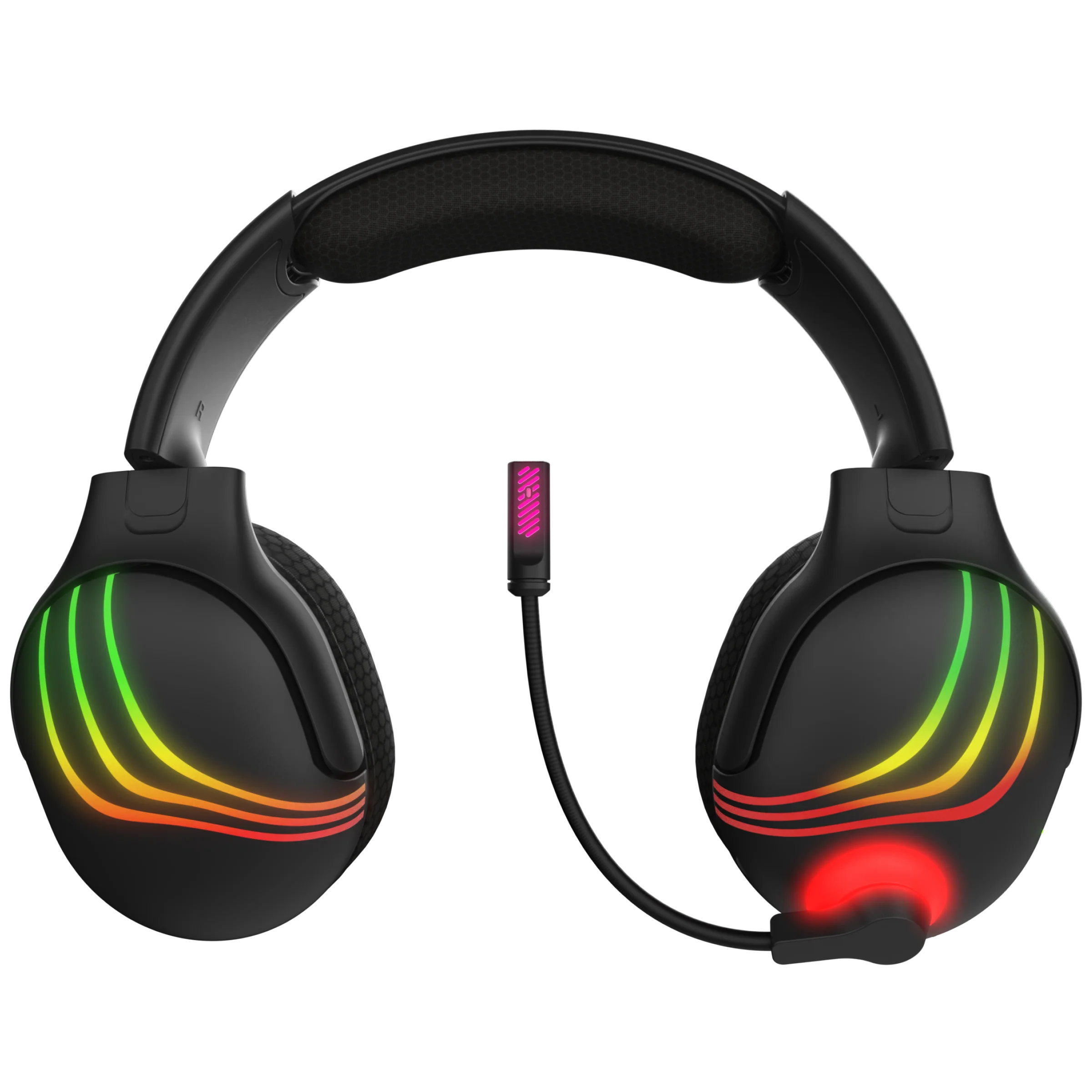 Schwarzes Gaming-Headset mit mehrfarbigen Lichtakzenten. Es hat ein Mikrofon und liegt vor einem schwarzen Hintergrund.