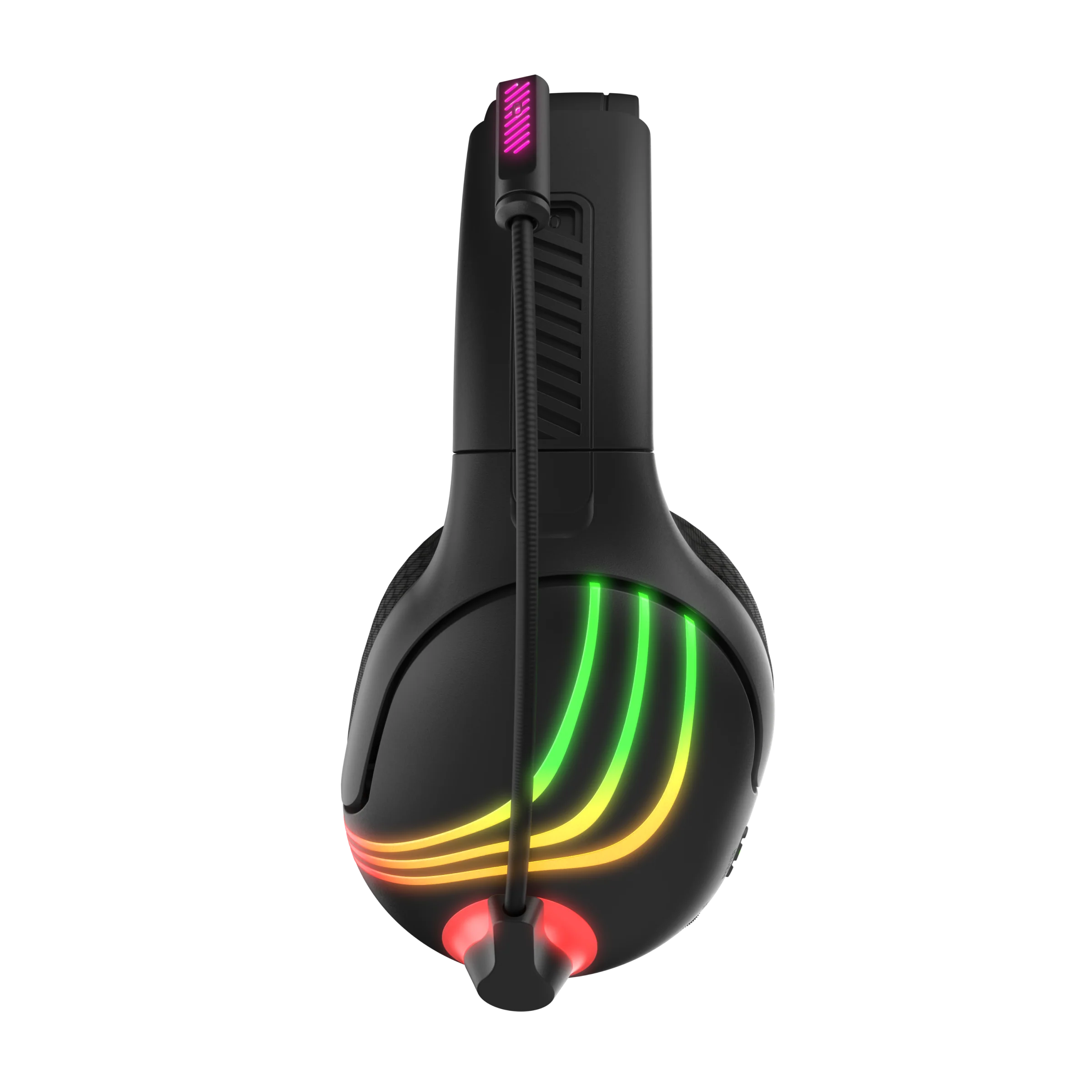 Schwarzes Gaming-Headset mit farbigen Lichtern auf schwarzem Hintergrund.