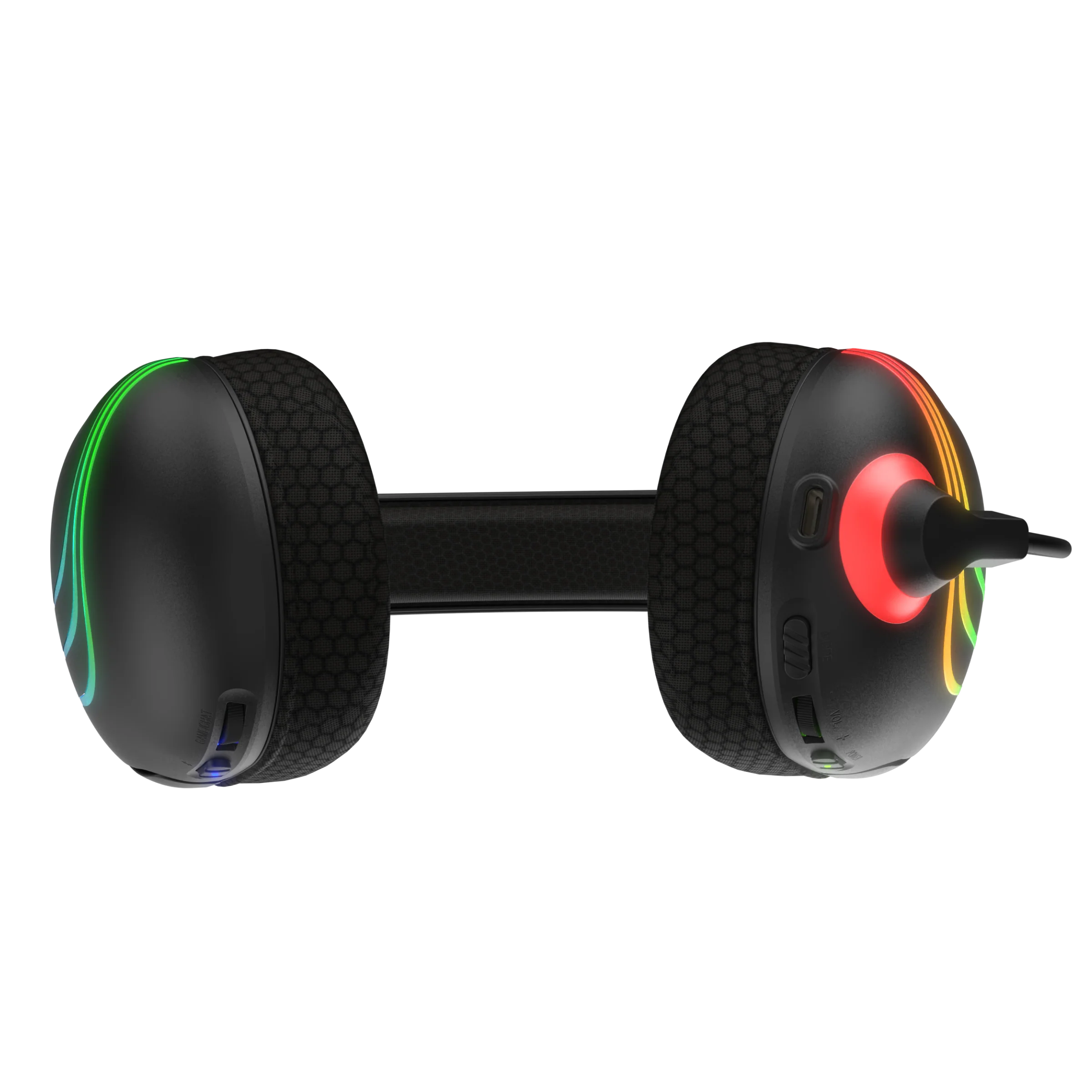Schwarzes Gaming-Headset mit RGB-Beleuchtung an den Ohrmuscheln. Dunkler Hintergrund. Headset hat Wabenmuster und Verbindungsband.