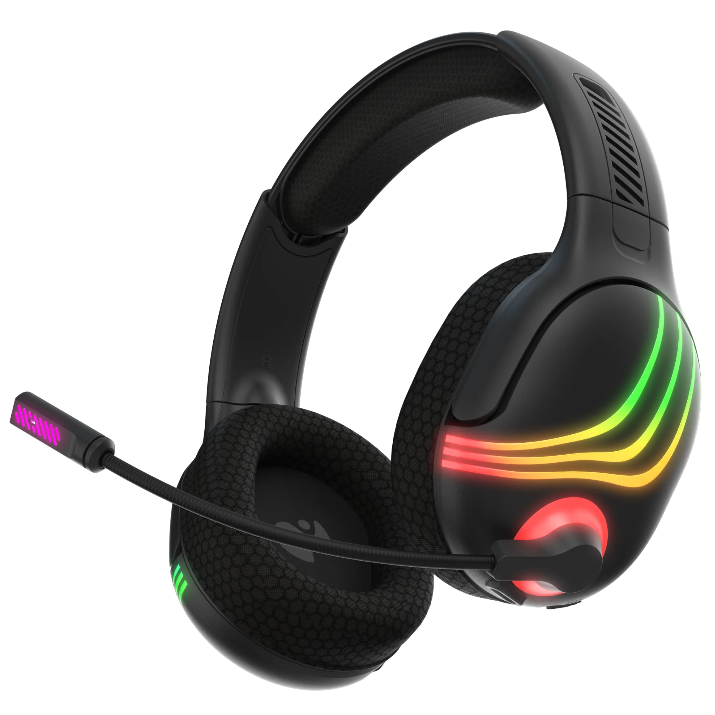 Schwarzes Gaming-Headset mit Mikrofon, mehrfarbigen Lichtern und wabenförmigen Ohrmuscheln. Schwarzer Hintergrund.