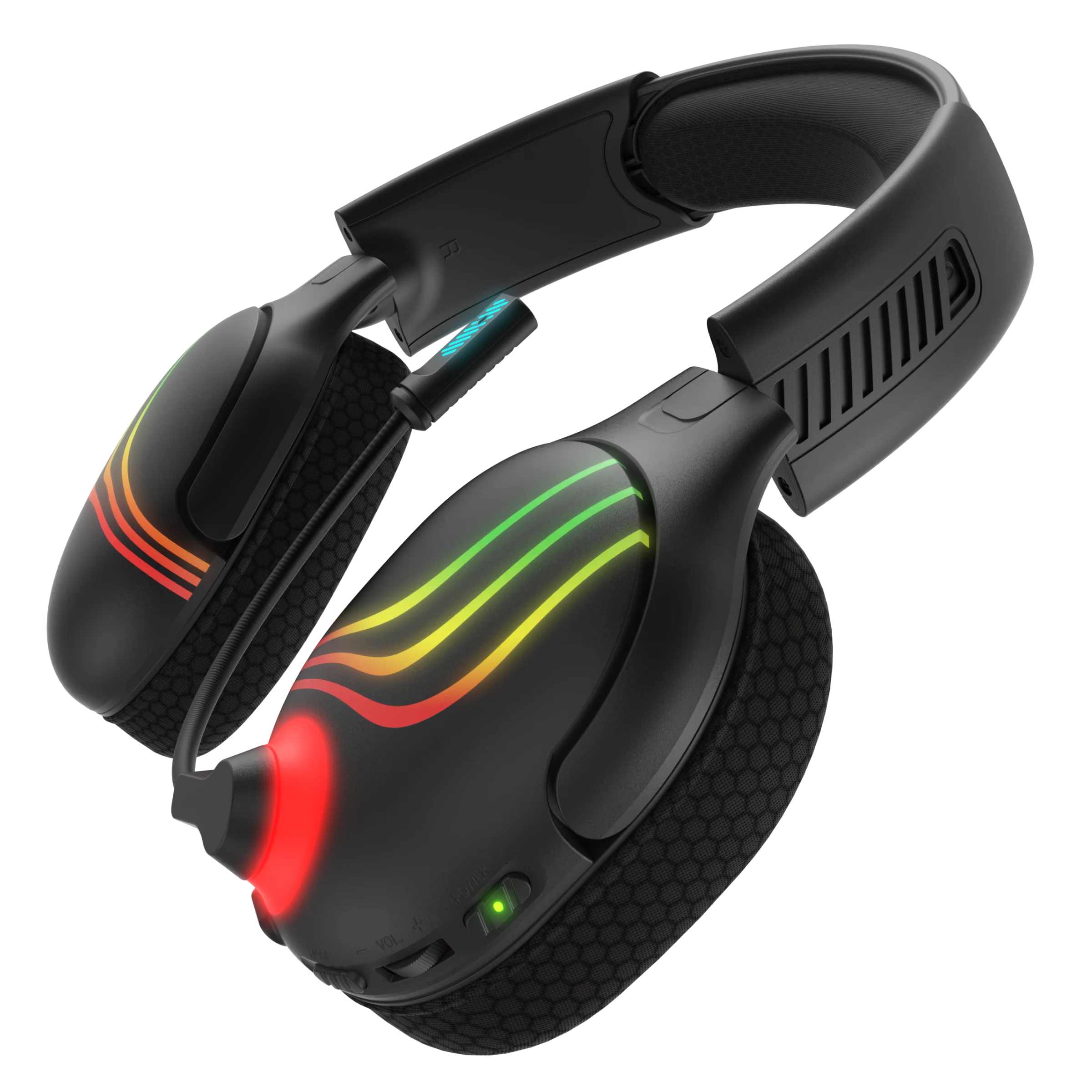 Schwarze Gaming-Kopfhörer mit RGB-Beleuchtung an Ohrmuscheln und Bügel. Lautstärke- und Ein-/Aus-Tasten sichtbar.