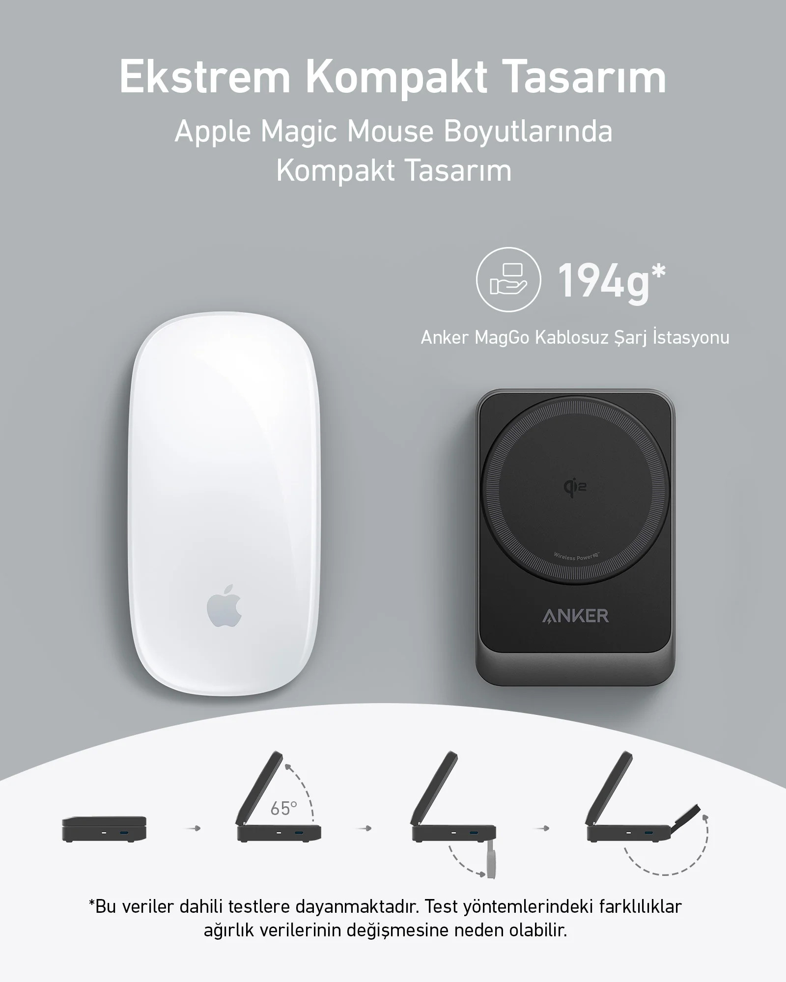 Beyaz Apple Magic Mouse ve Anker MagGo ile siyah Anker şarj istasyonu.