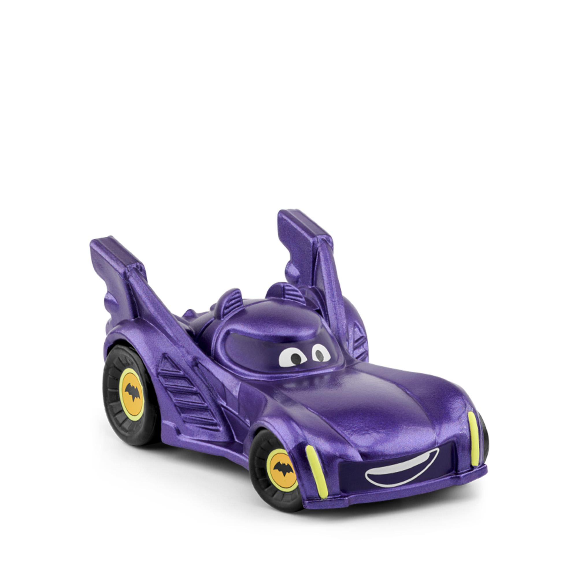 Lila Spielzeug-Batmobil mit großen Flossen und gelben Rädern.