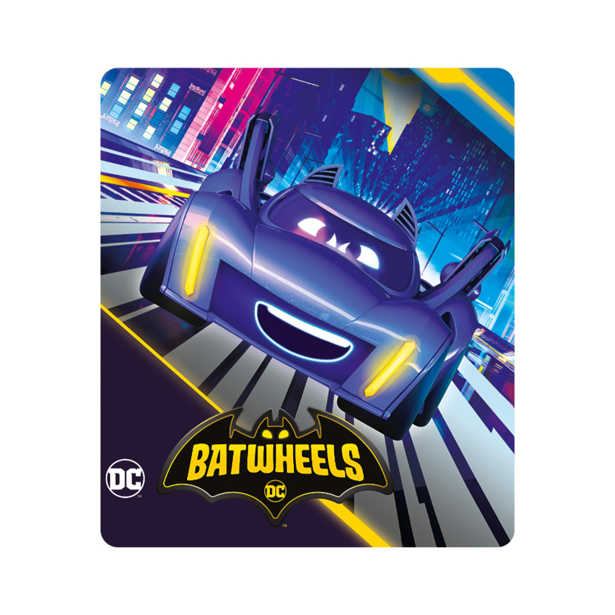 Ein blaues Batwheels-Auto auf einem Quadrat, mit dem Batwheels-Logo.