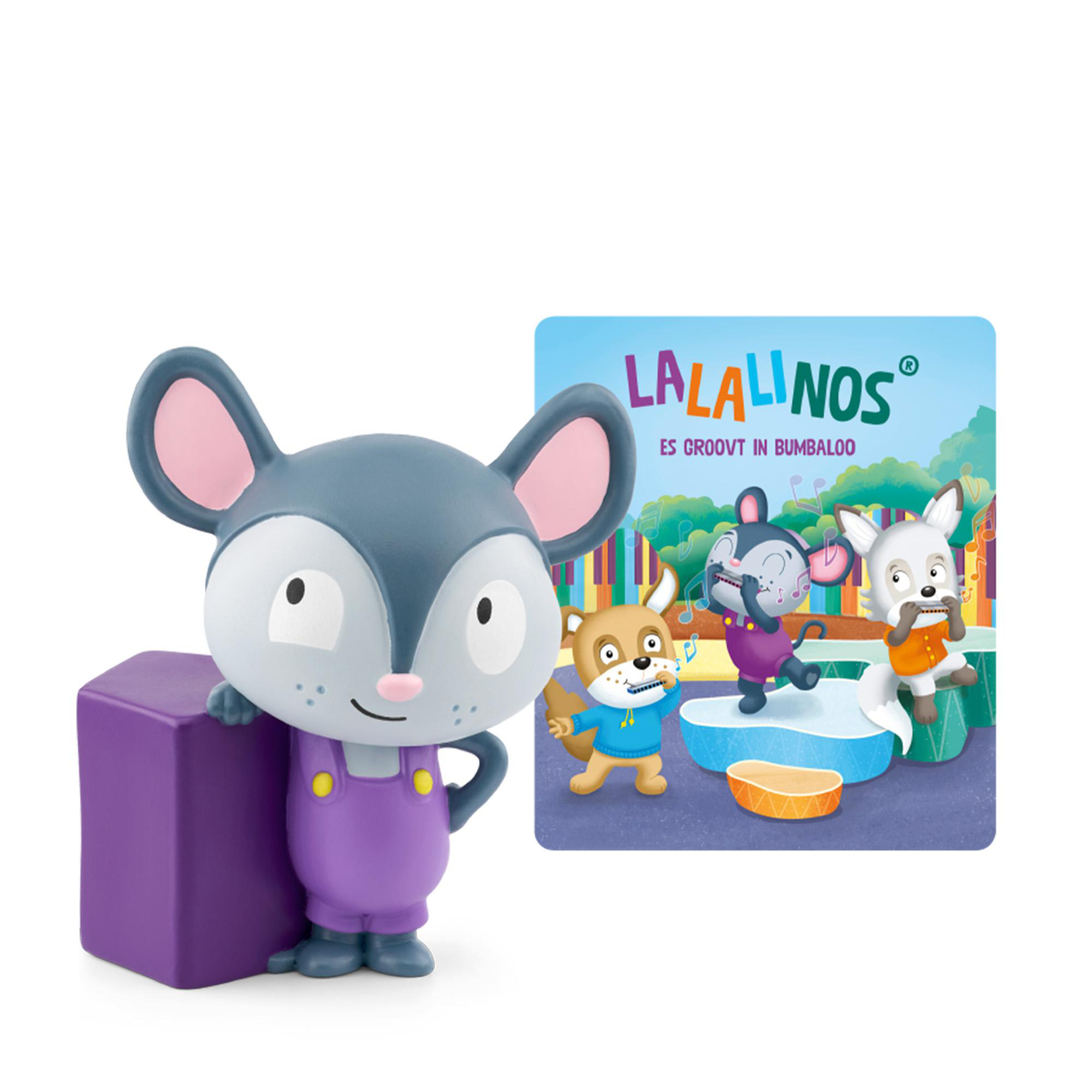 Maus-Spielzeugfigur mit einem lila Block und einem Buchcover mit Zeichentrickfiguren.
