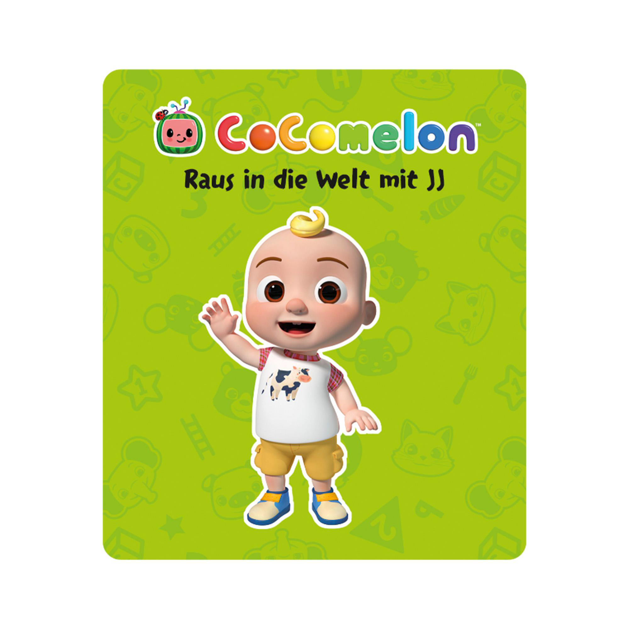 CoComelon-Karte mit einem Zeichentrick-Babyjungen und grünem Hintergrund.