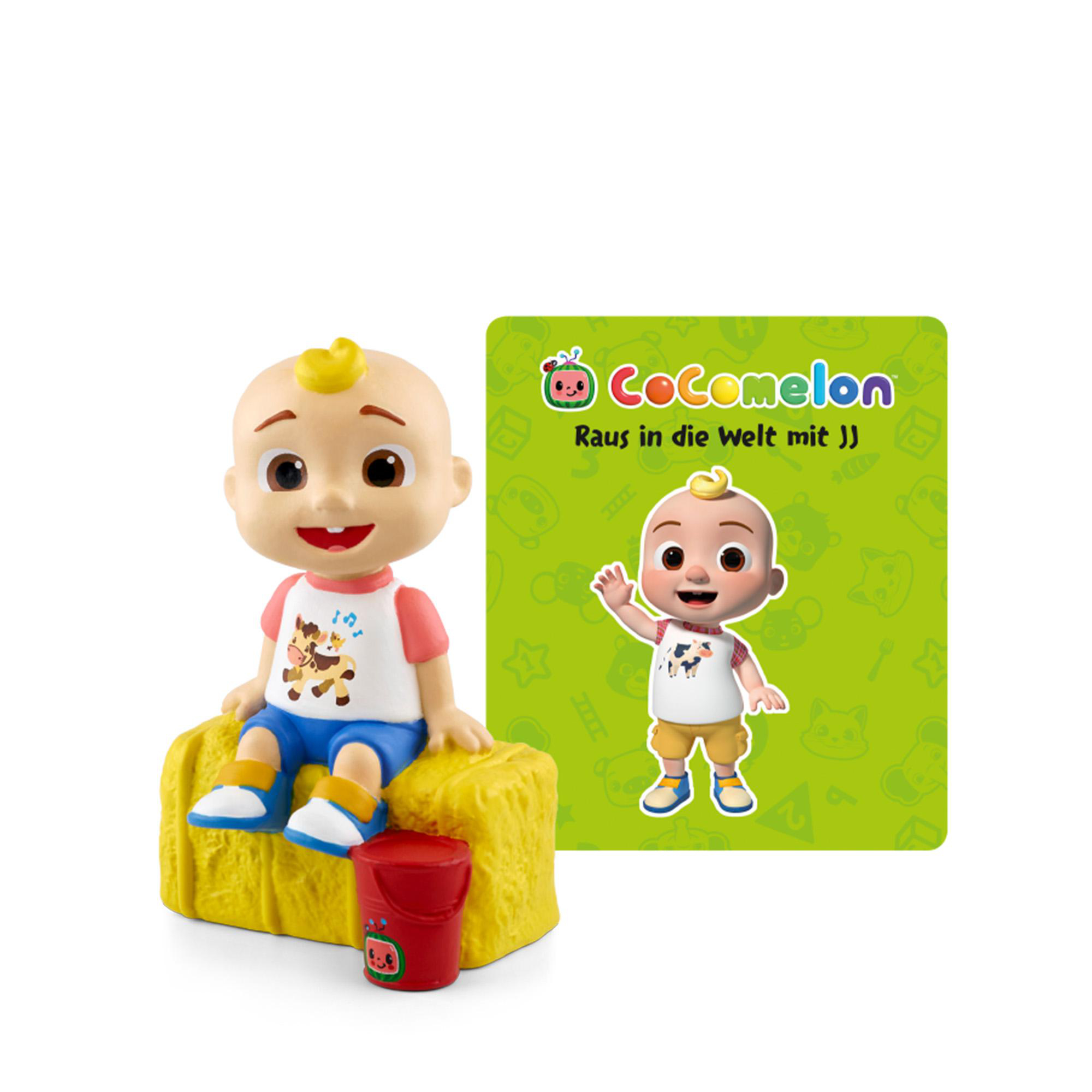 Eine JJ Cocomelon-Figur mit einem Bild von JJ und einem Spielzeugeimer davor.