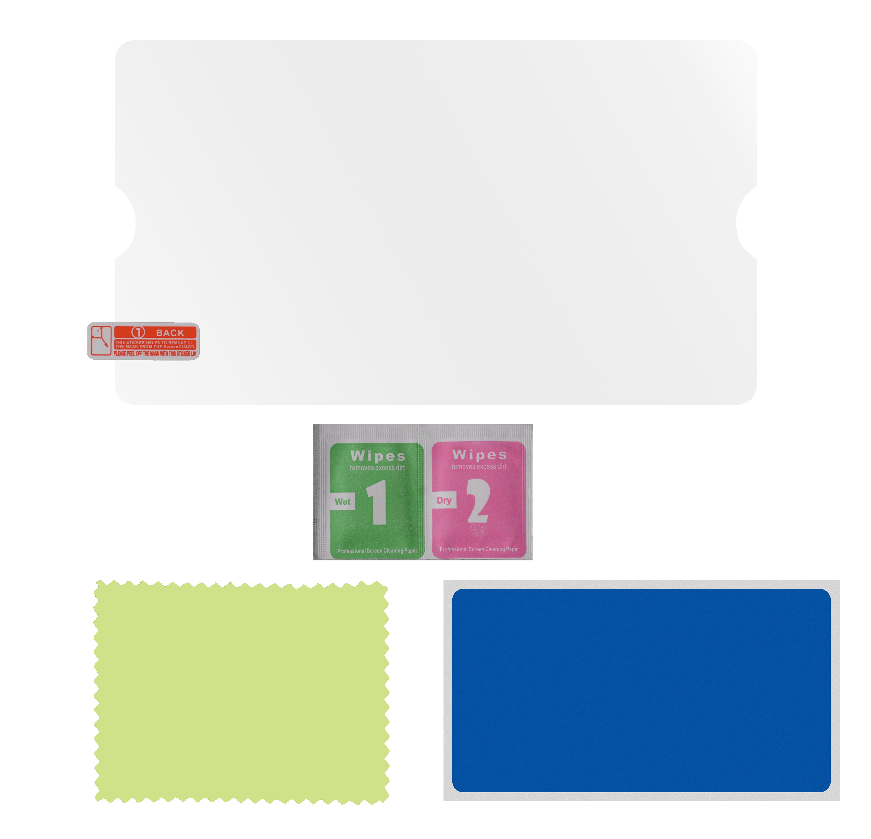 Displayschutzfolie, Reinigungstücher und ein blaues und grünes Reinigungstuch.