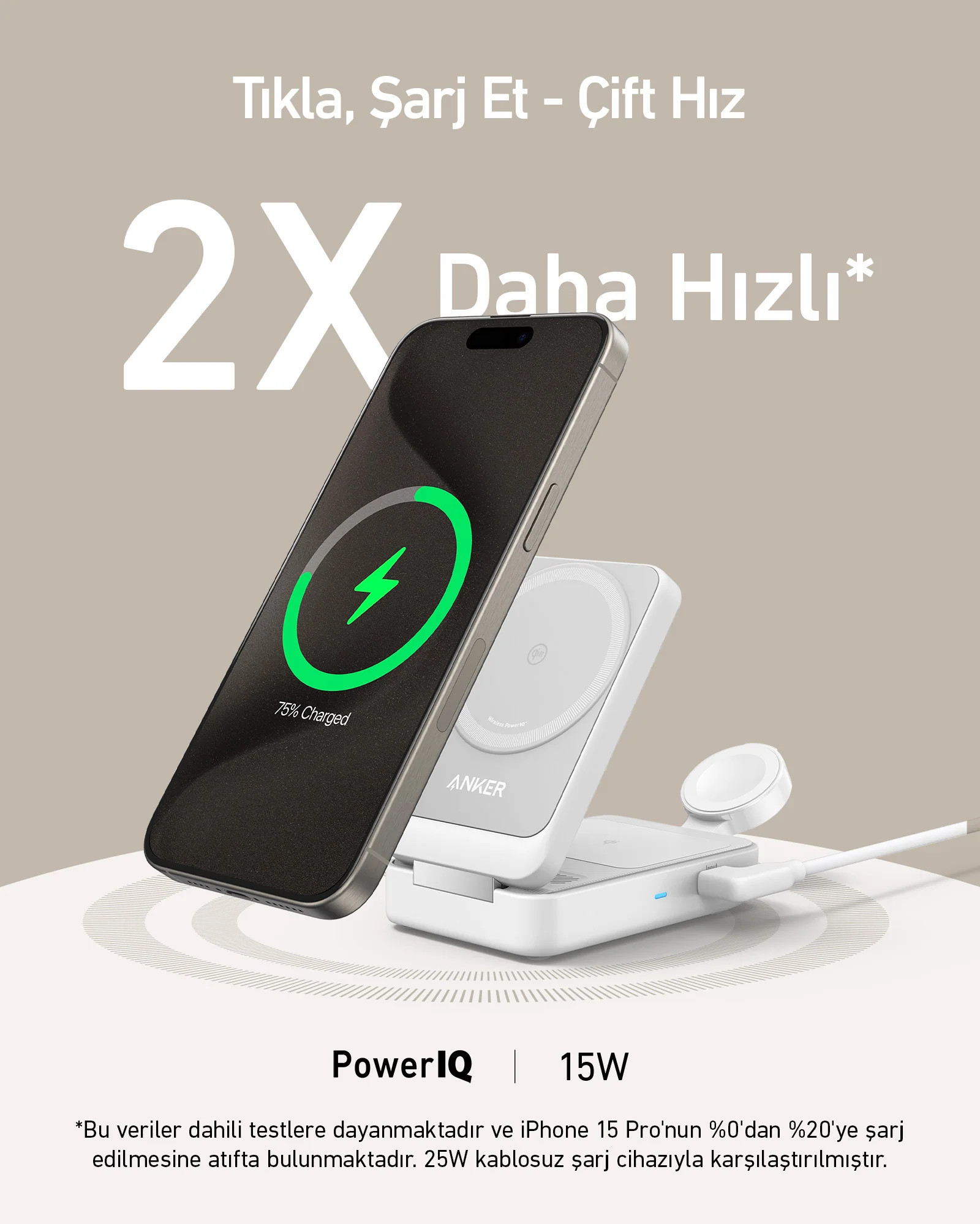 Telefon kablosuz şarj oluyor. Telefon %75 şarj gösteriyor. Şarj cihazı ve saat şarj cihazı beyaz.