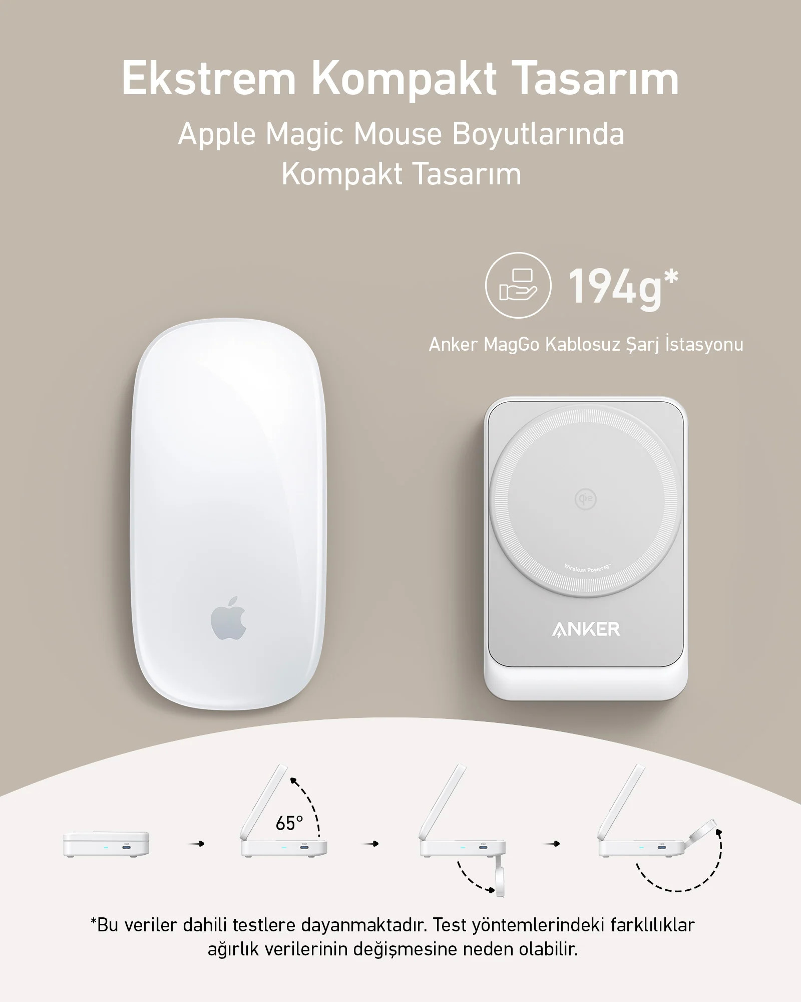 Apple Magic Mouse ve ANKER logosu ile kablosuz şarj istasyonu. Beyaz arka plan.
